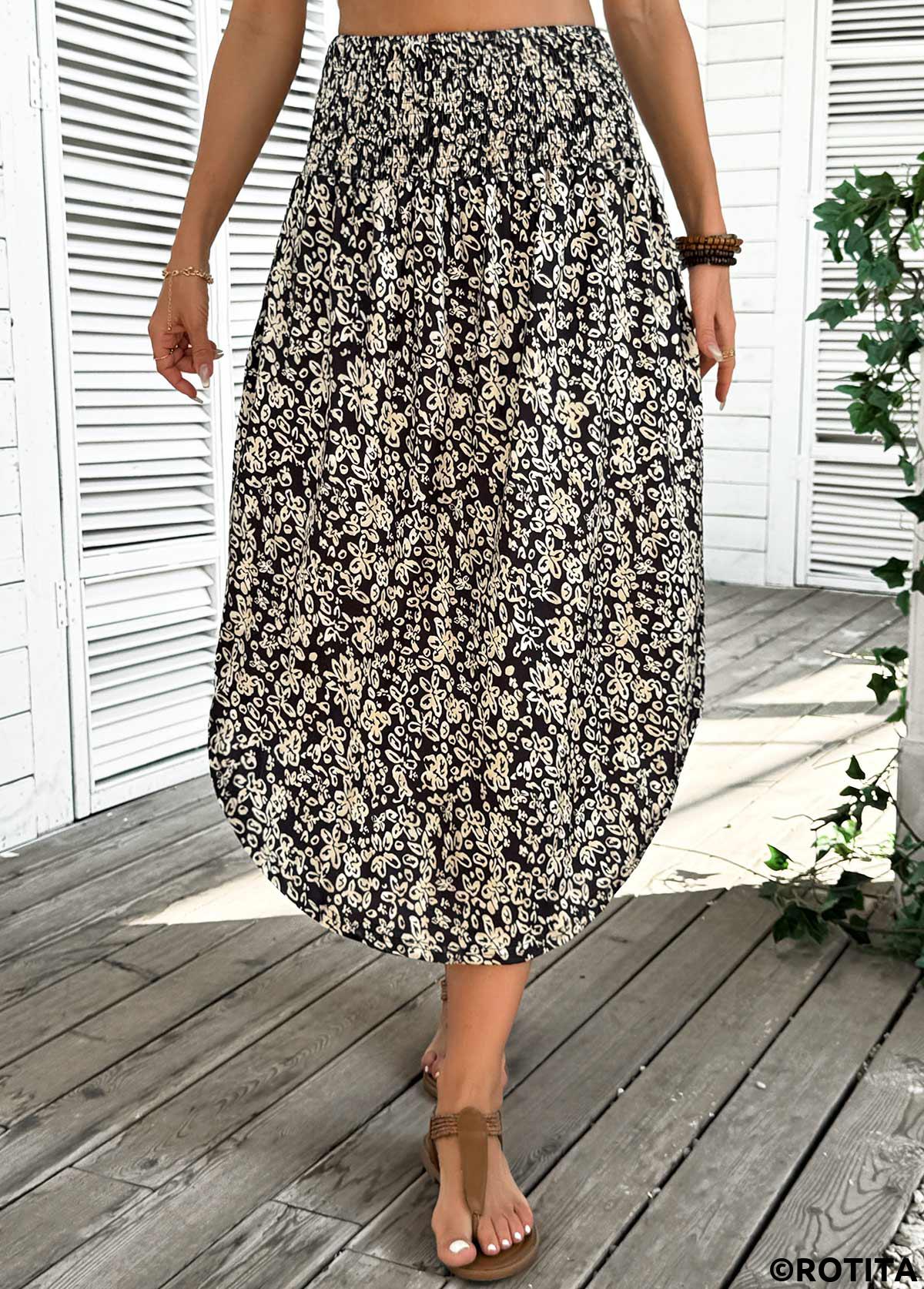 Black bottoms,Floral bottoms,Plants bottoms,Floral Print Black Elastic Waist A Line Skirt