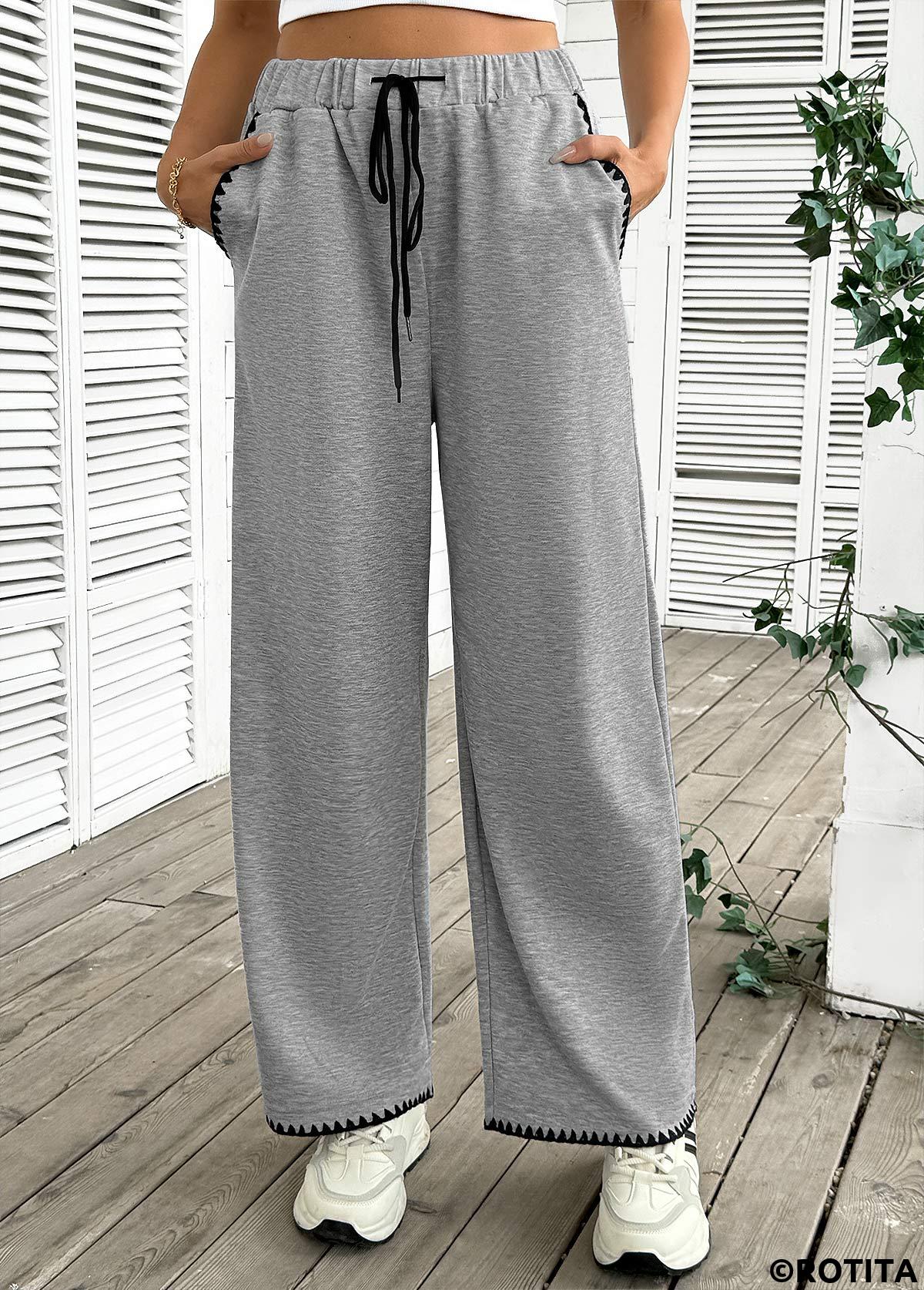 Grey bottoms,Plain Color bottoms,Pocket Grey Wide Leg Elastic Waist High Waisted Pants