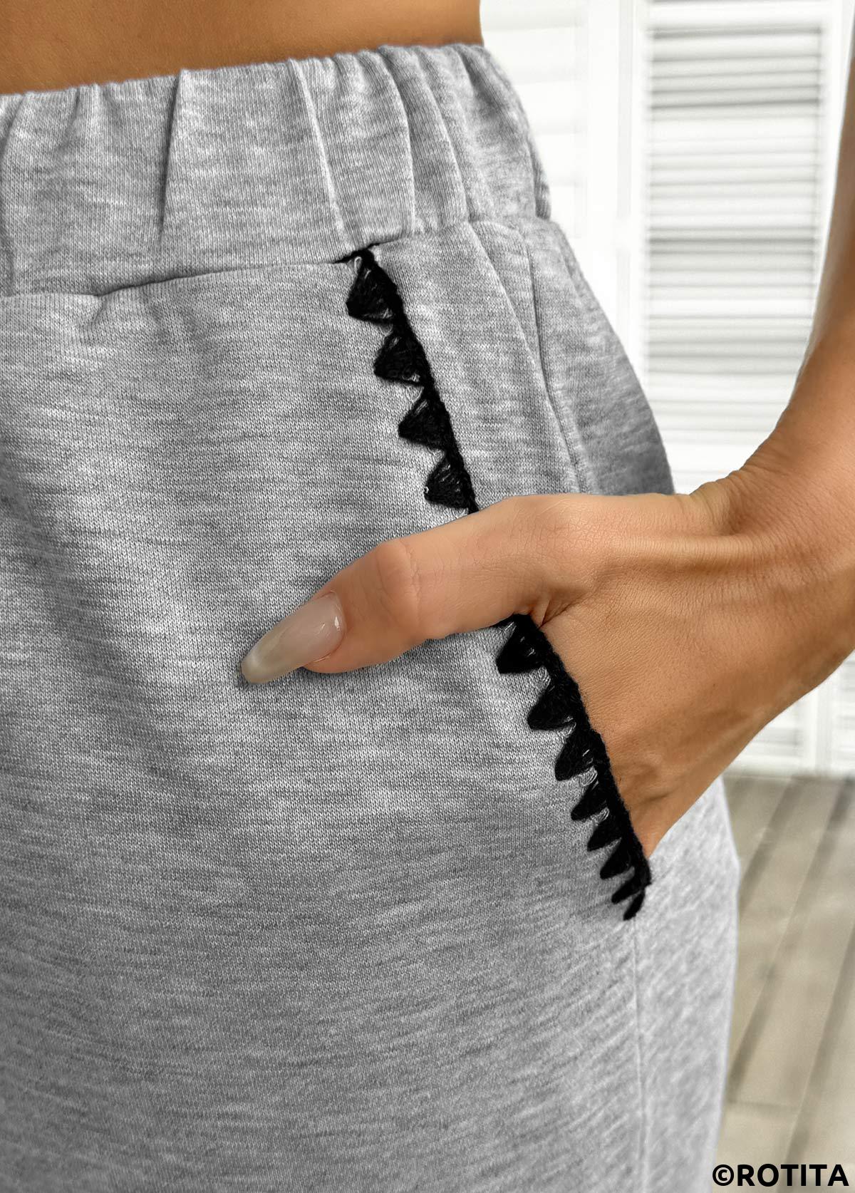 Grey bottoms,Plain Color bottoms,Pocket Grey Wide Leg Elastic Waist High Waisted Pants