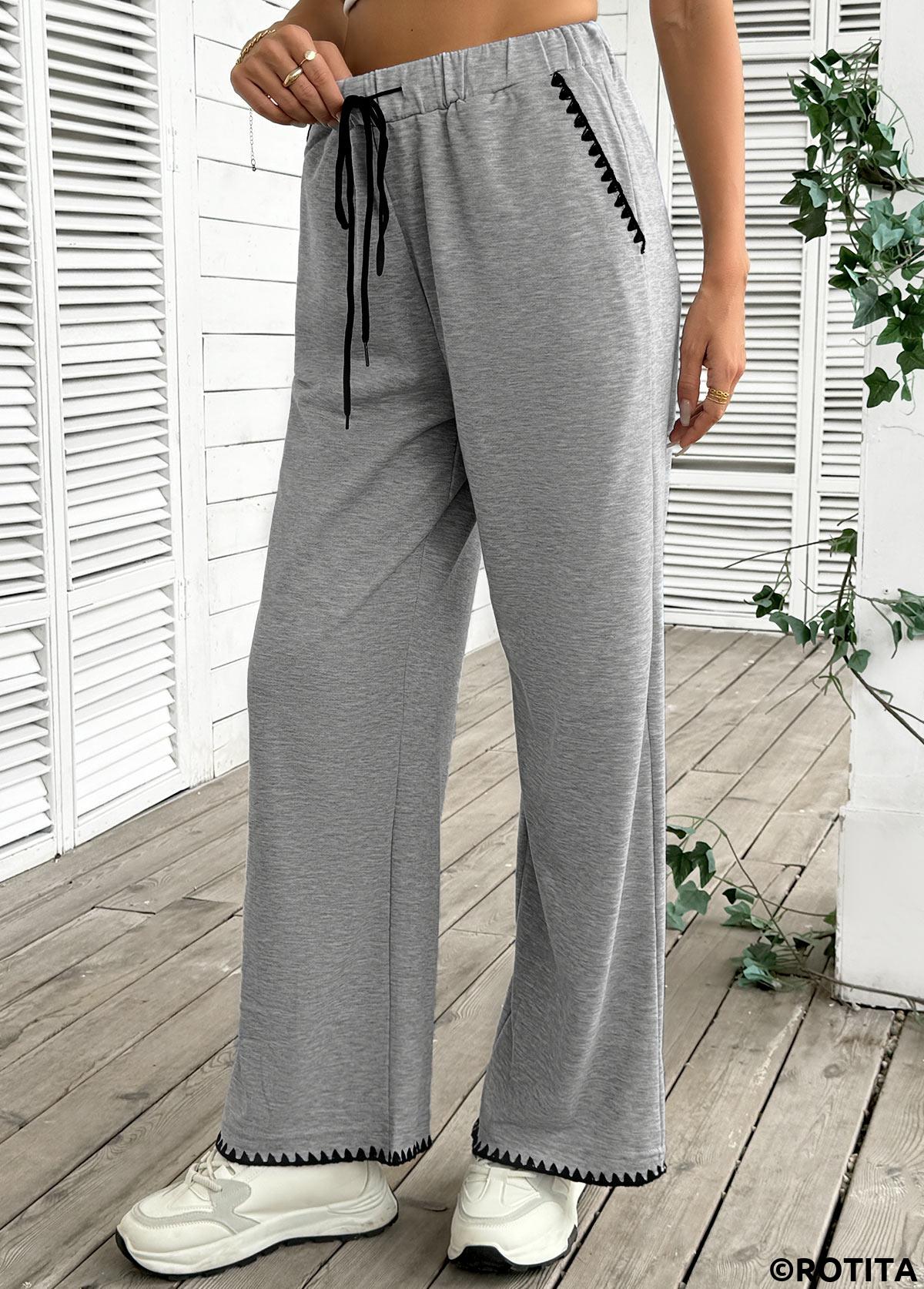 Grey bottoms,Plain Color bottoms,Pocket Grey Wide Leg Elastic Waist High Waisted Pants