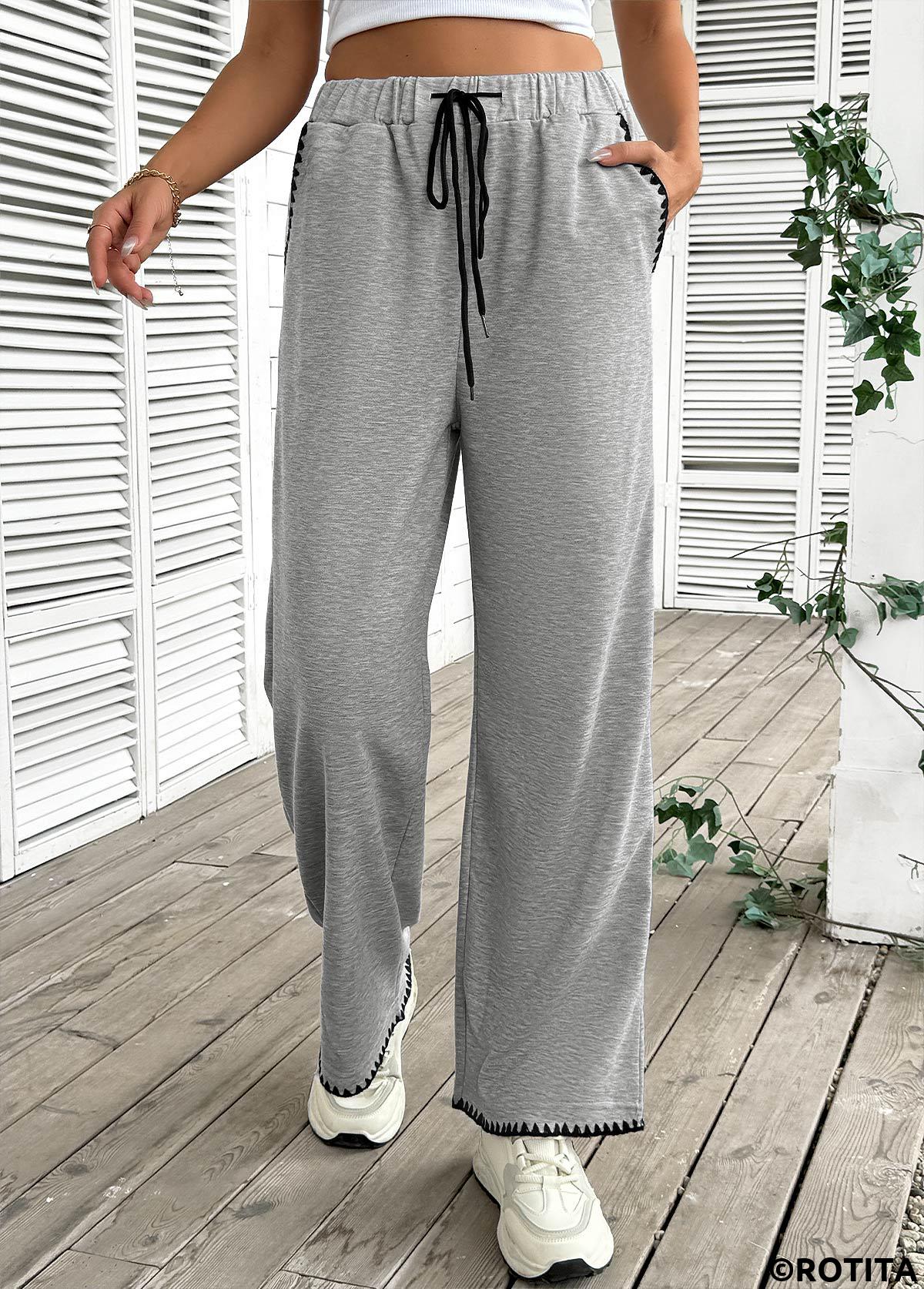 Grey bottoms,Plain Color bottoms,Pocket Grey Wide Leg Elastic Waist High Waisted Pants