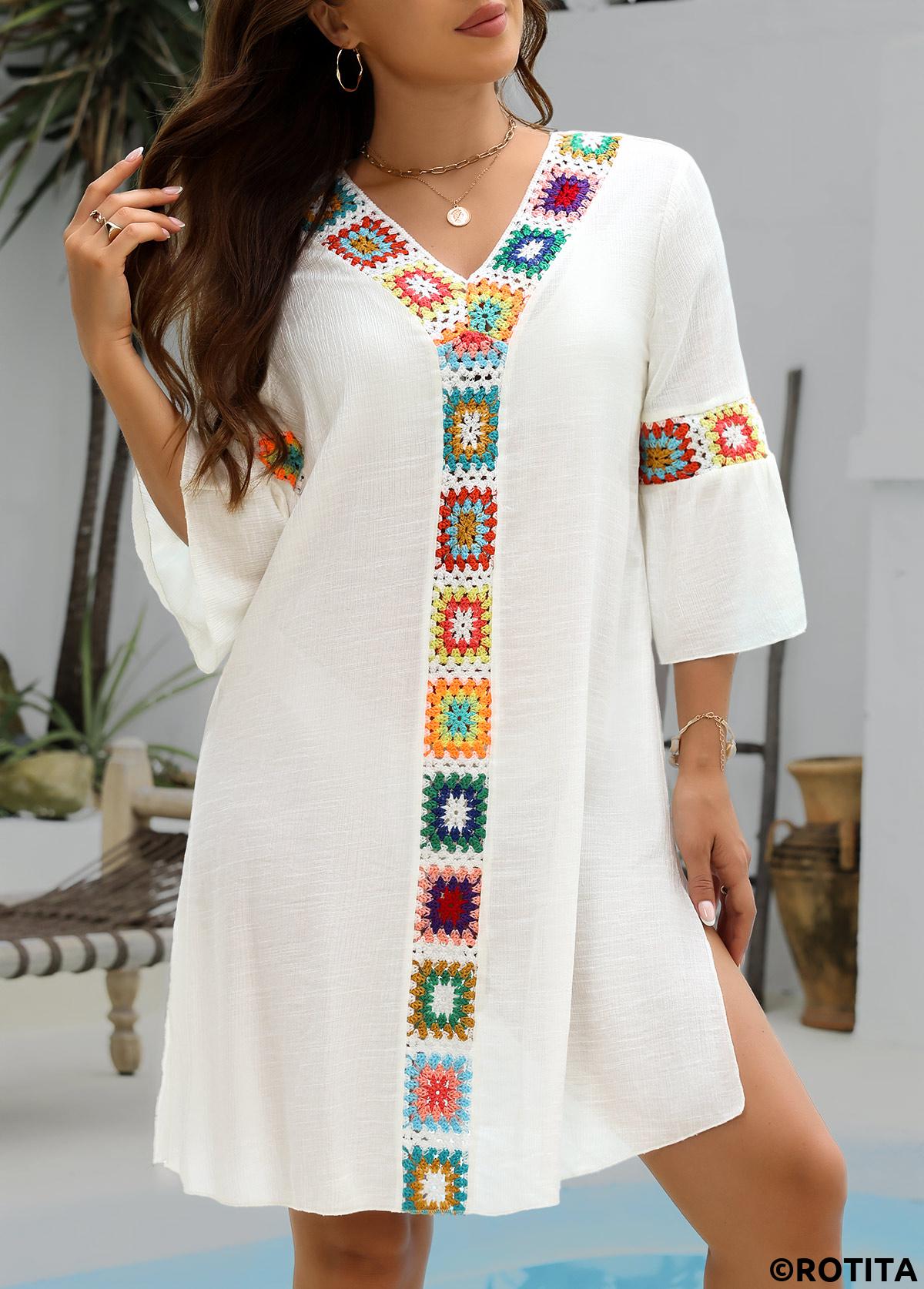 White swimwear,Plain Color swimwear,Patchwork White V Neck Cover Up