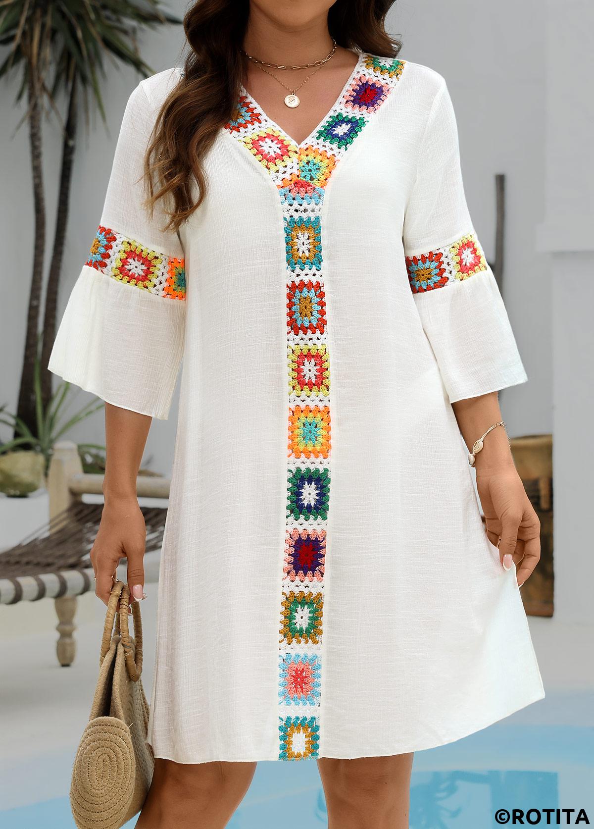 White swimwear,Plain Color swimwear,Patchwork White V Neck Cover Up