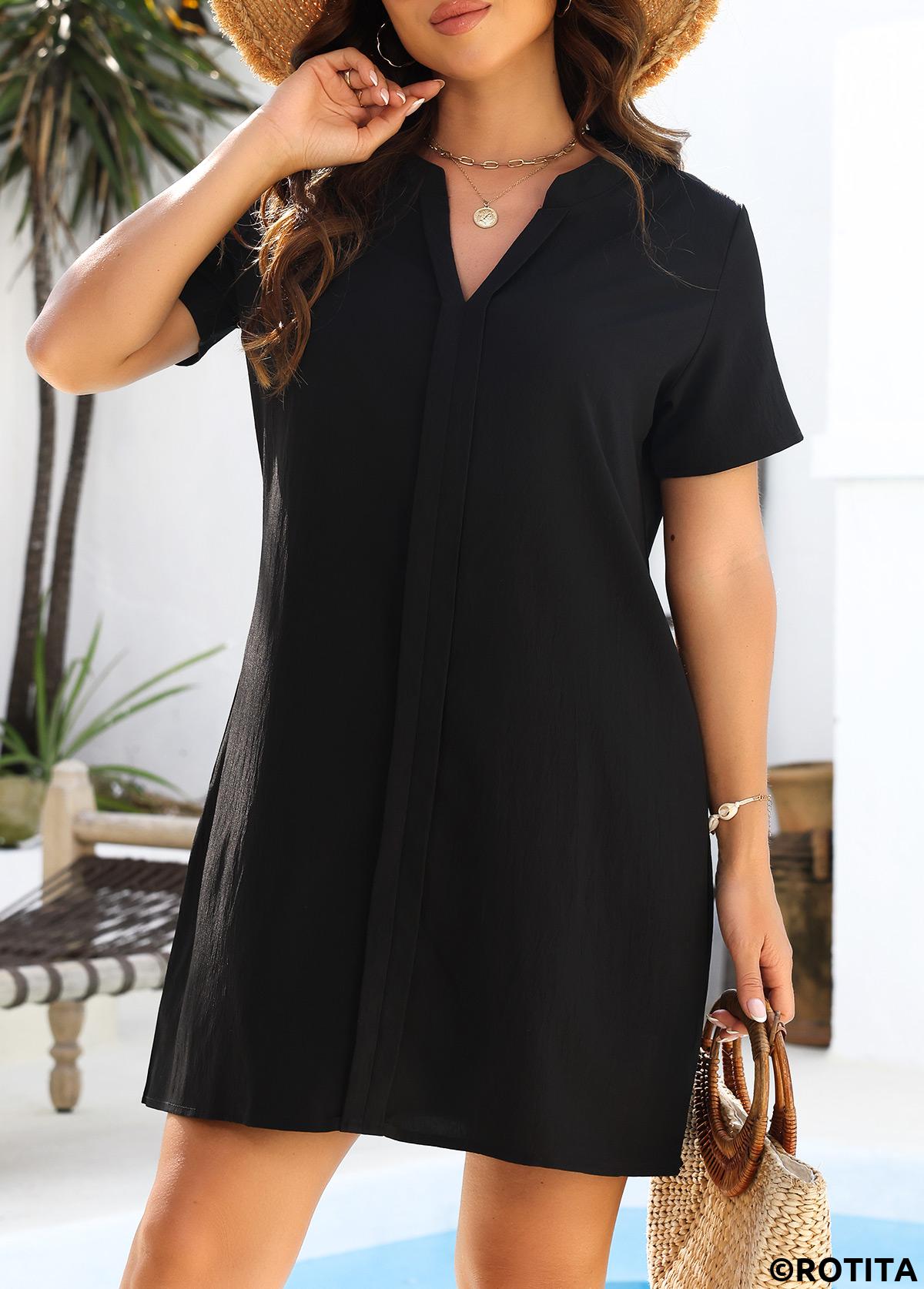 Black swimwear,Plain Color swimwear,Tummy Coverage Black Short Sleeve Cover Up