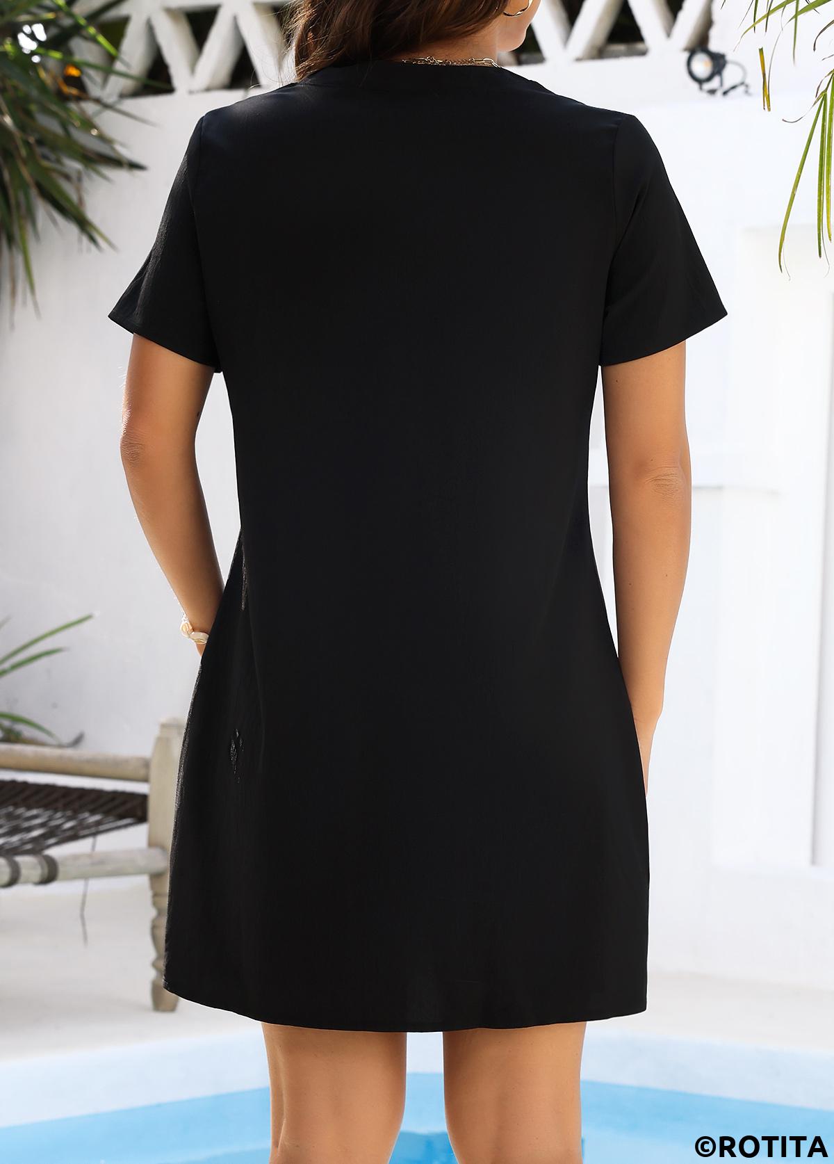 Black swimwear,Plain Color swimwear,Tummy Coverage Black Short Sleeve Cover Up