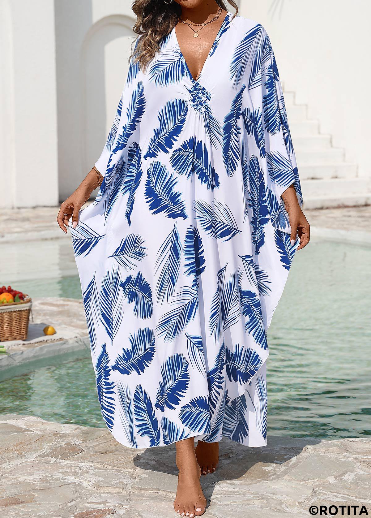 Blue swimwear,Plants swimwear,Pull On Blue Leaf Print Cover Up