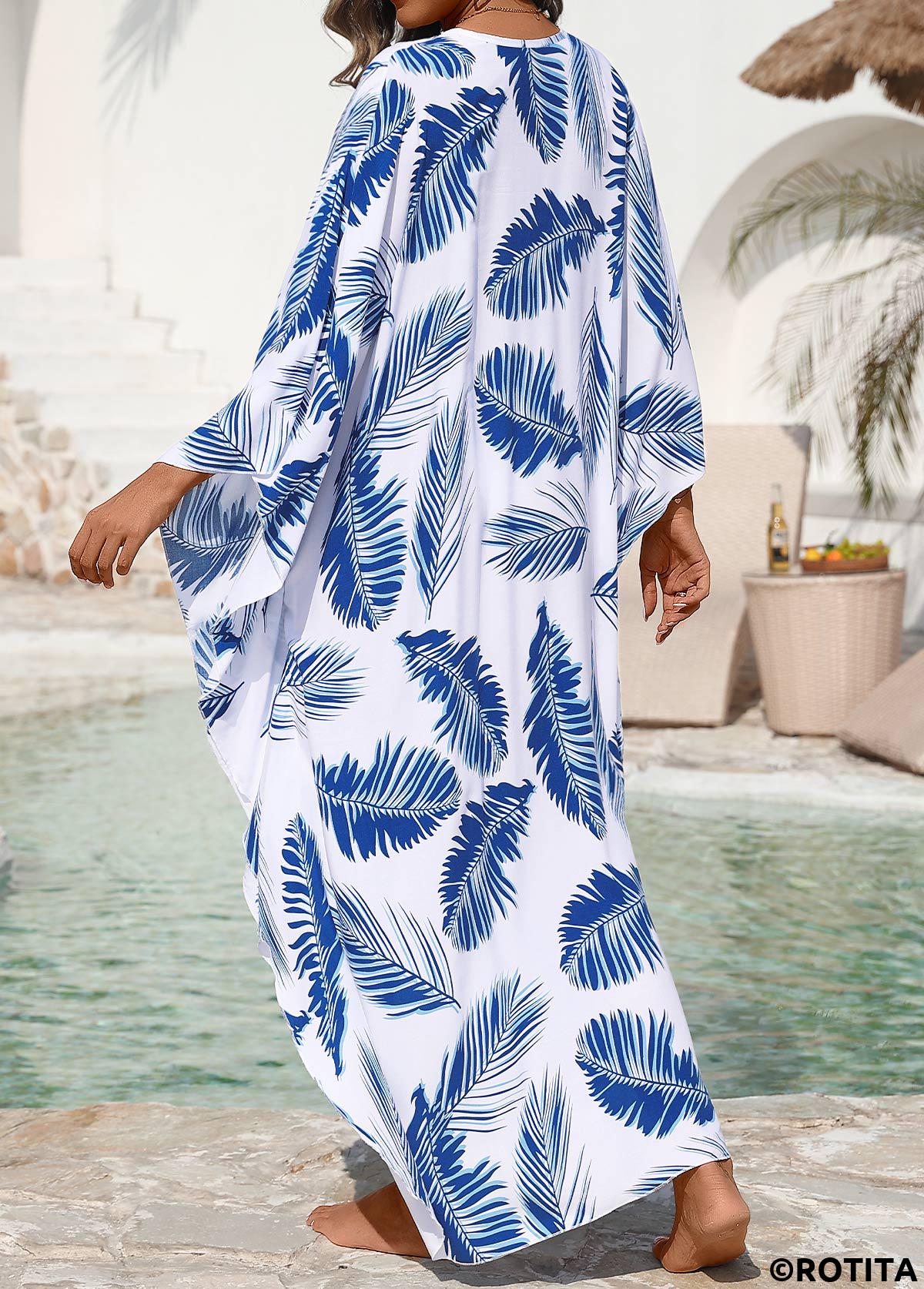 Blue swimwear,Plants swimwear,Pull On Blue Leaf Print Cover Up
