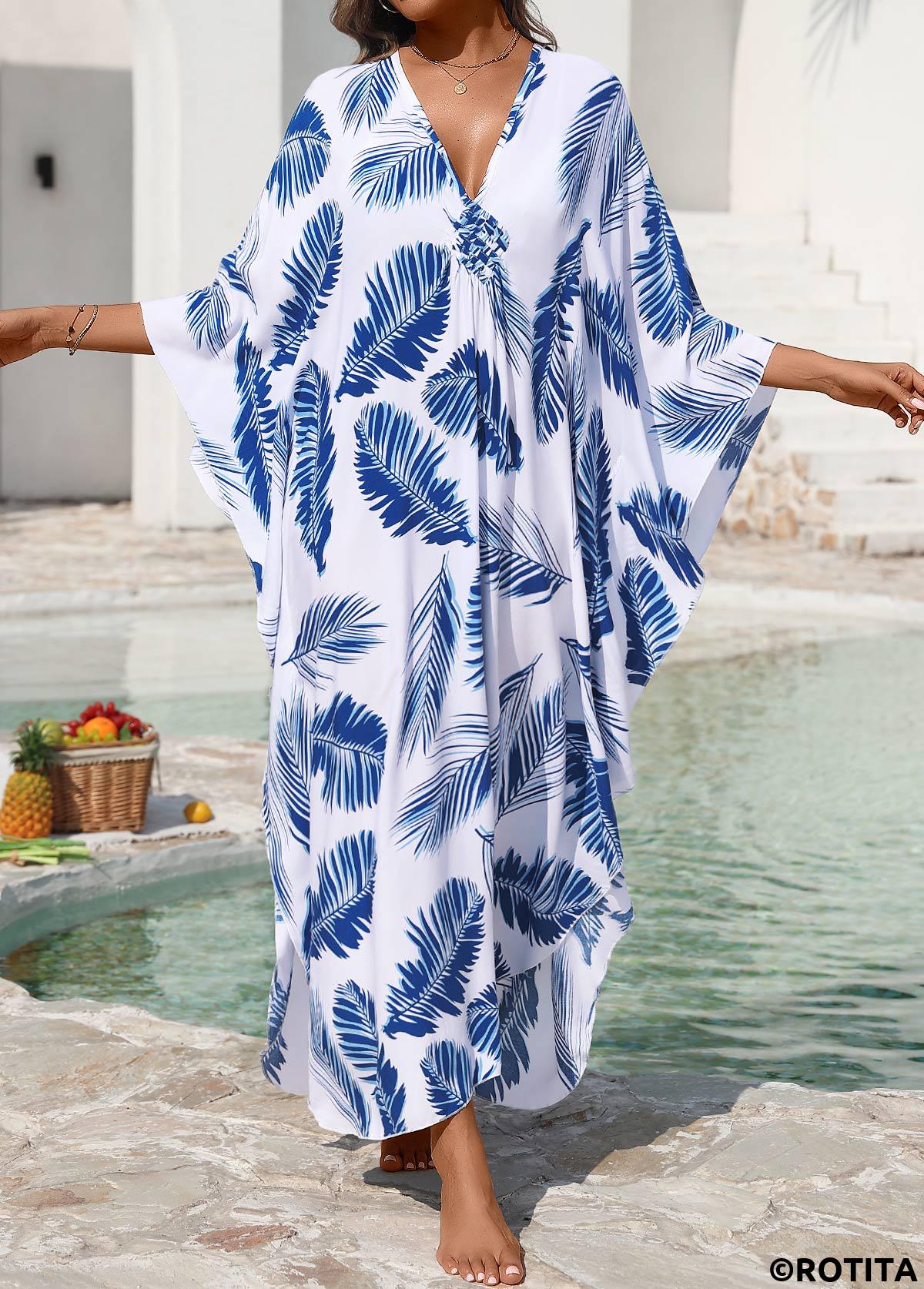 Blue swimwear,Plants swimwear,Pull On Blue Leaf Print Cover Up