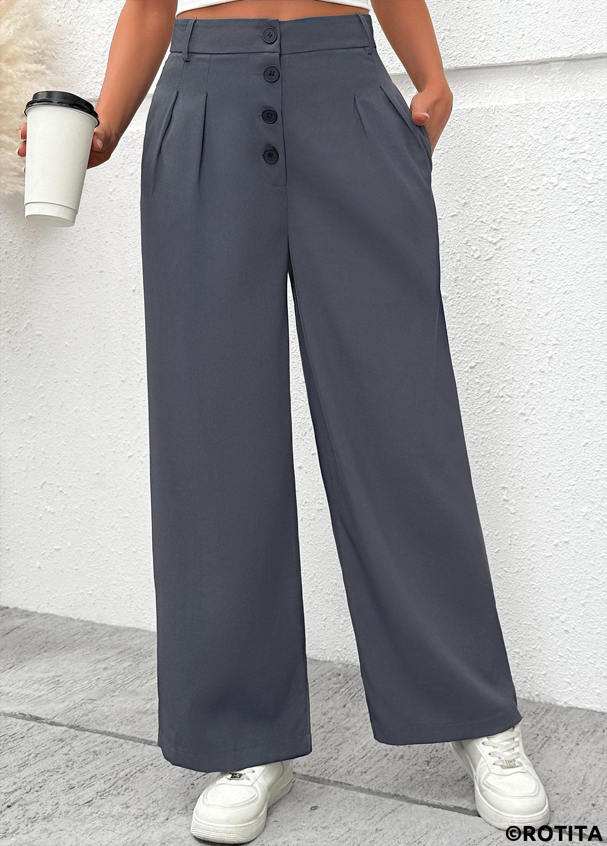 Dark Grey bottoms,Plain Color bottoms,Flowy Dark Grey Wide Leg Button Fly Pants