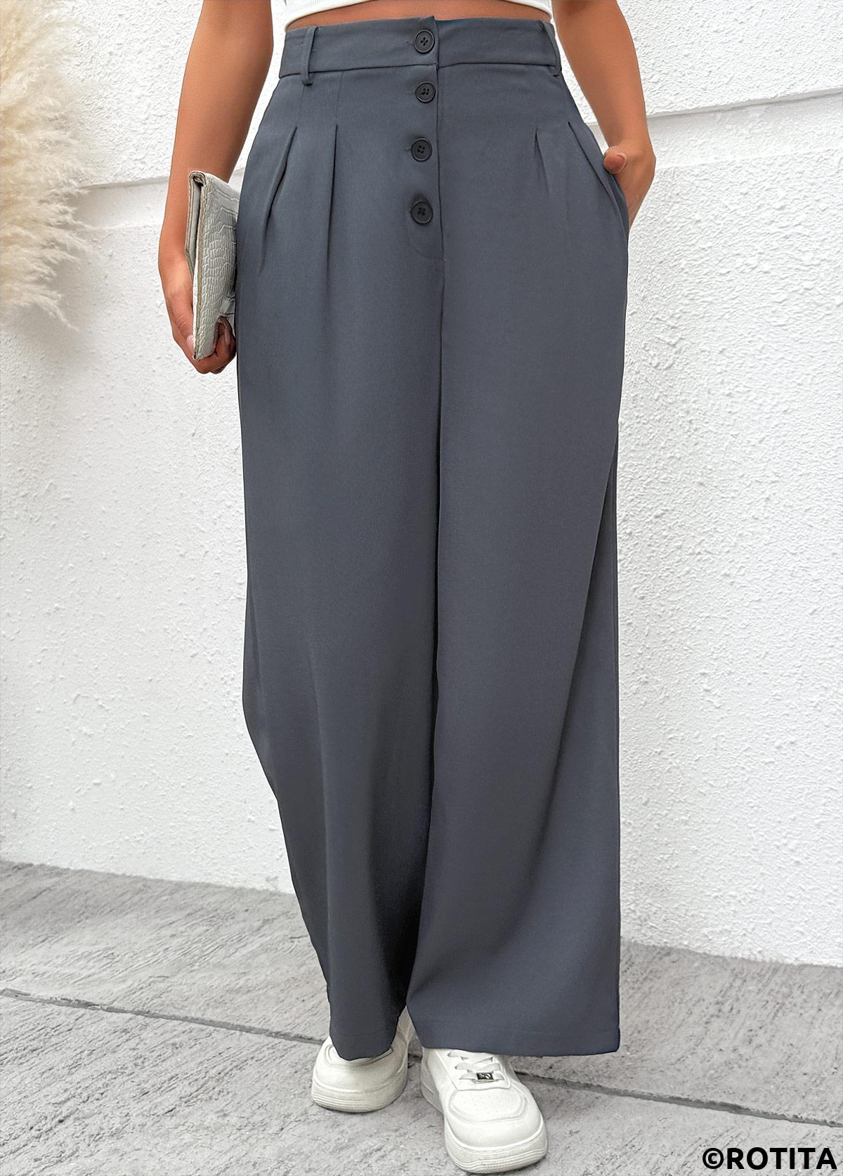 Dark Grey bottoms,Plain Color bottoms,Flowy Dark Grey Wide Leg Button Fly Pants