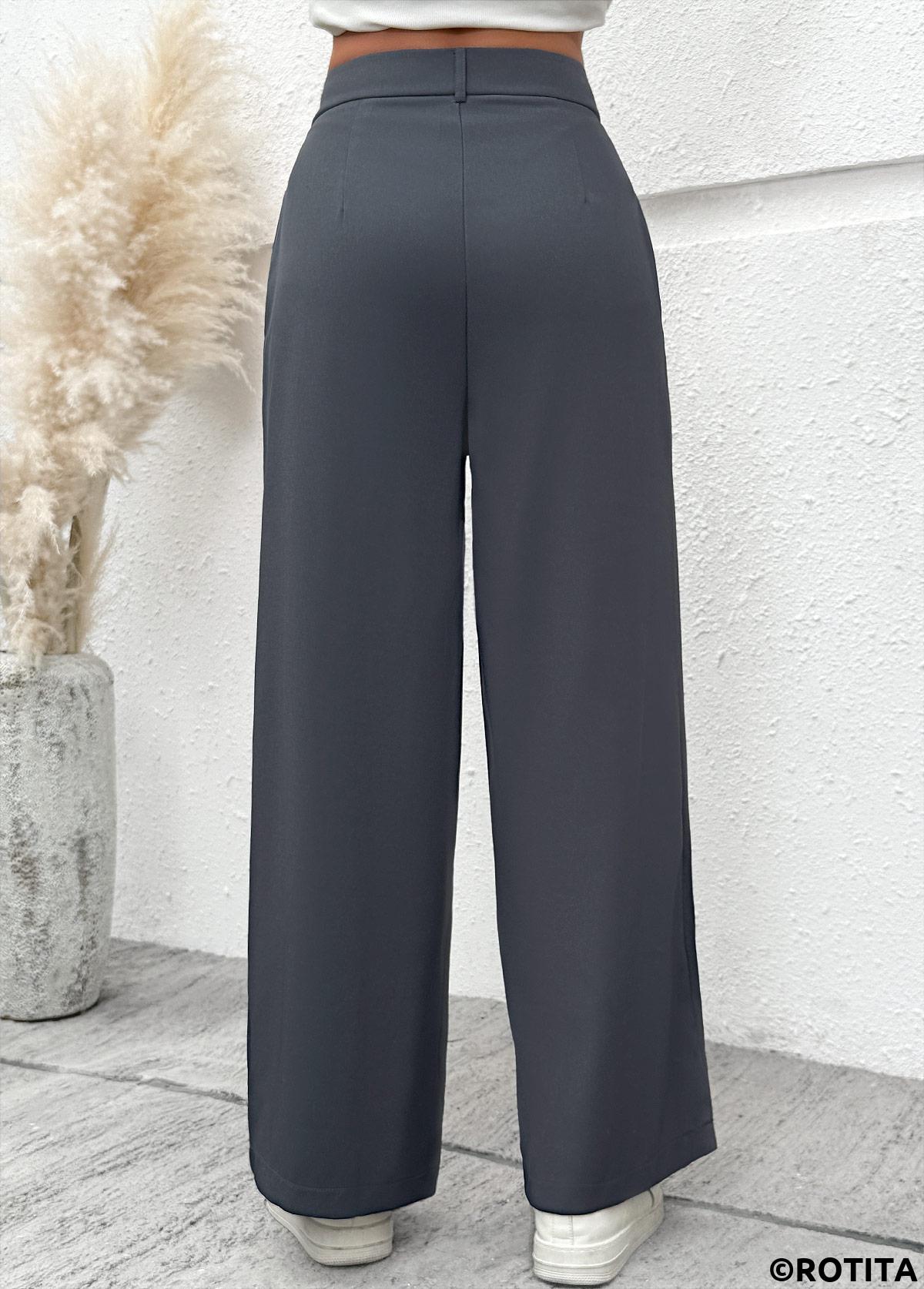 Dark Grey bottoms,Plain Color bottoms,Flowy Dark Grey Wide Leg Button Fly Pants