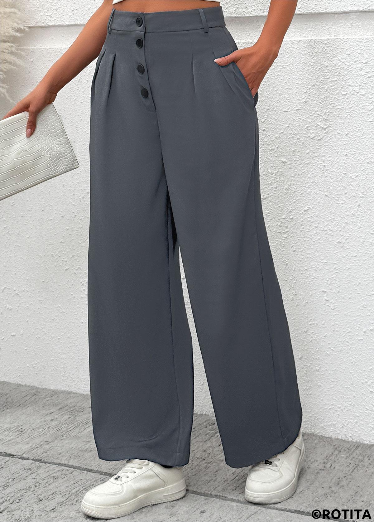 Dark Grey bottoms,Plain Color bottoms,Flowy Dark Grey Wide Leg Button Fly Pants