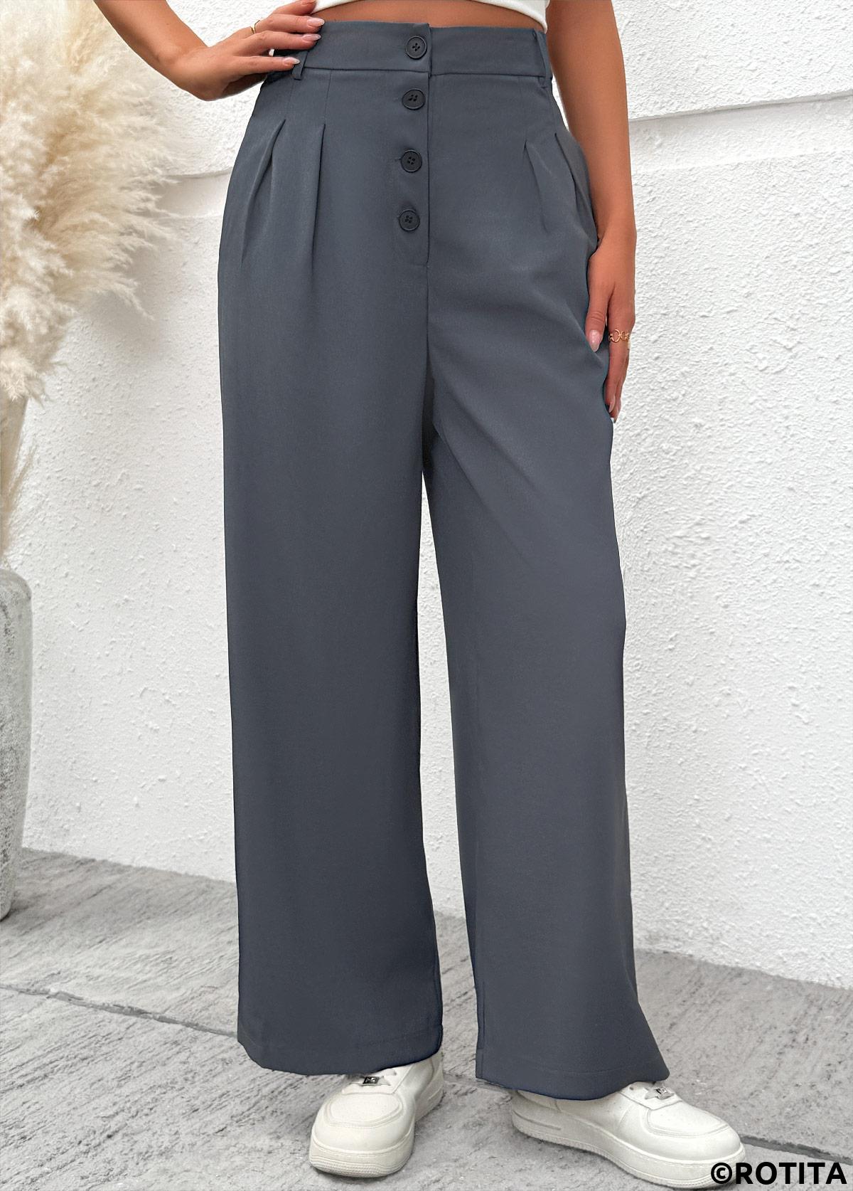 Dark Grey bottoms,Plain Color bottoms,Flowy Dark Grey Wide Leg Button Fly Pants