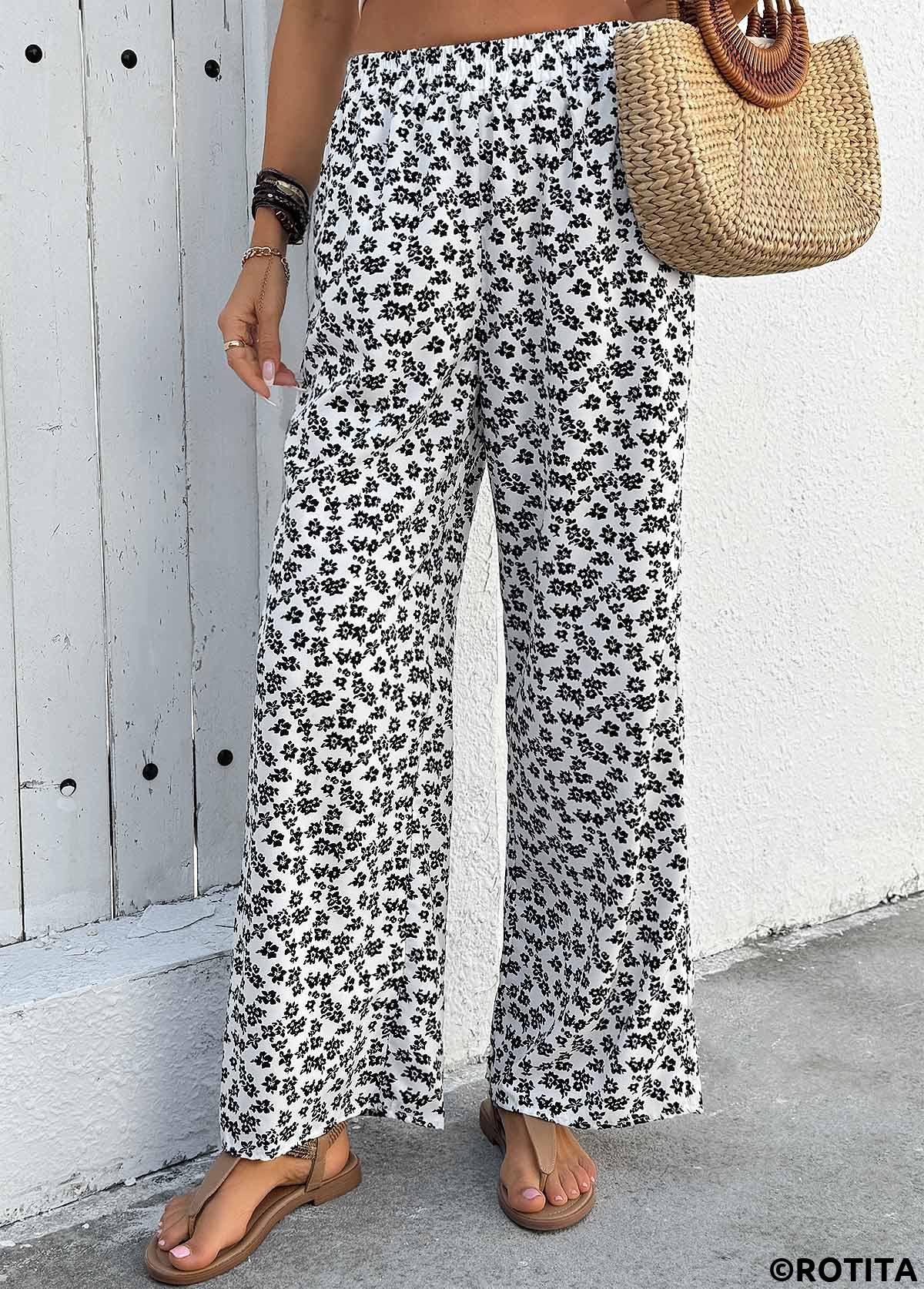 White bottoms,Ditsy Floral bottoms,Ditsy Floral Print White Wide Leg Elastic Waist Pants