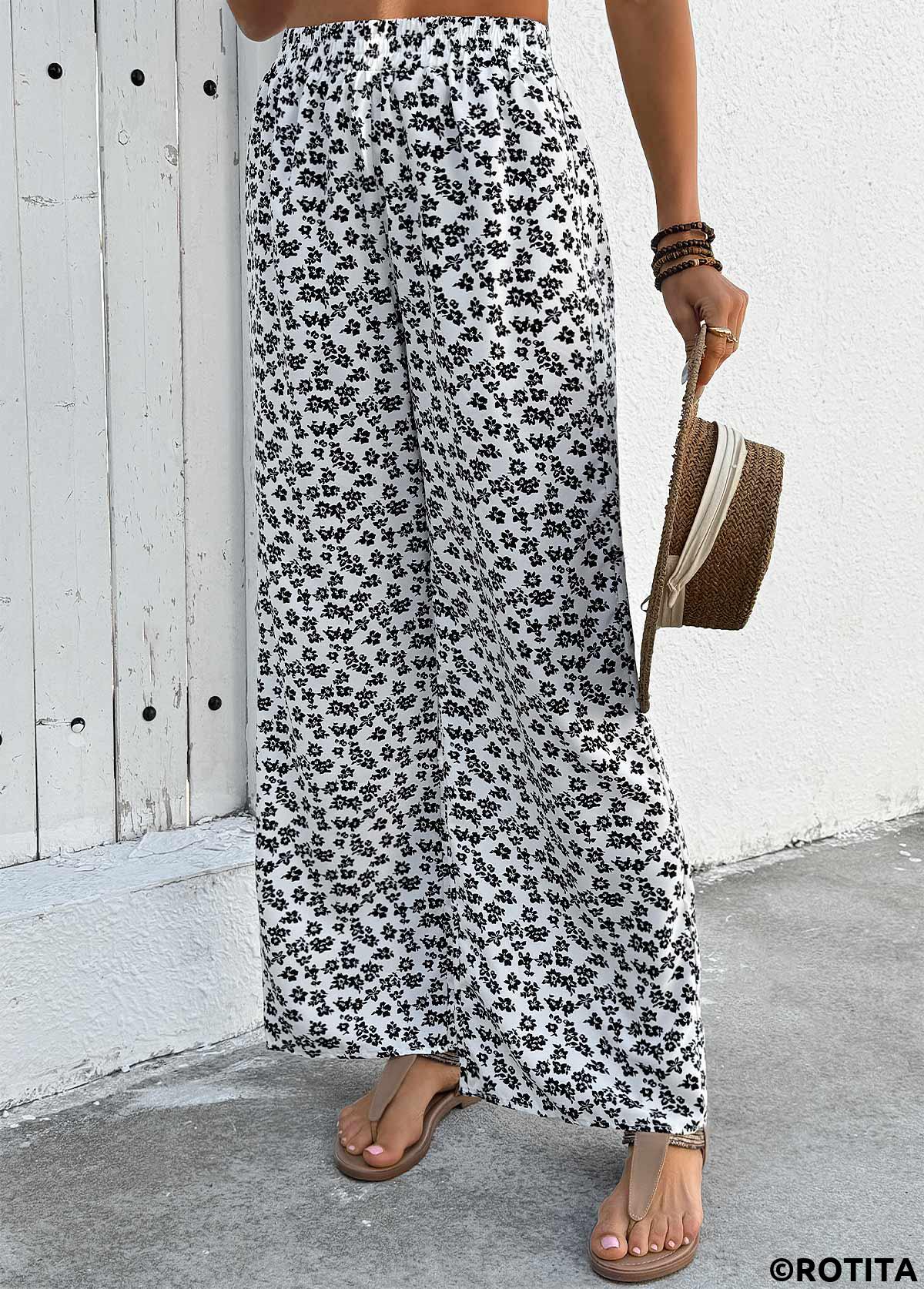 White bottoms,Ditsy Floral bottoms,Ditsy Floral Print White Wide Leg Elastic Waist Pants