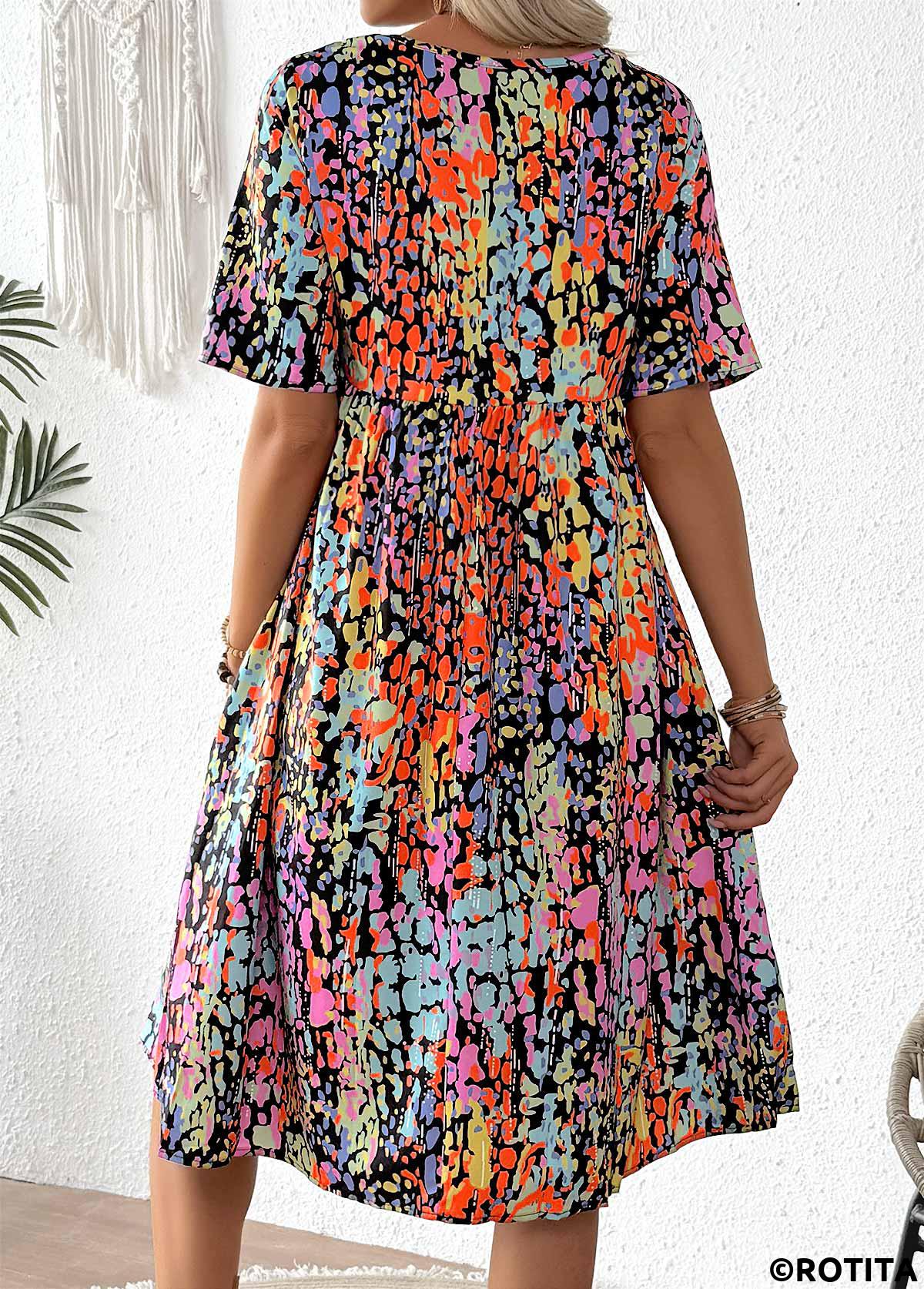 Multi Color dresses,Tribal dresses,Vacation dresses,Vacation dresses,ROTITA Smocked Tribal Print Multi Color Split Neck Dress