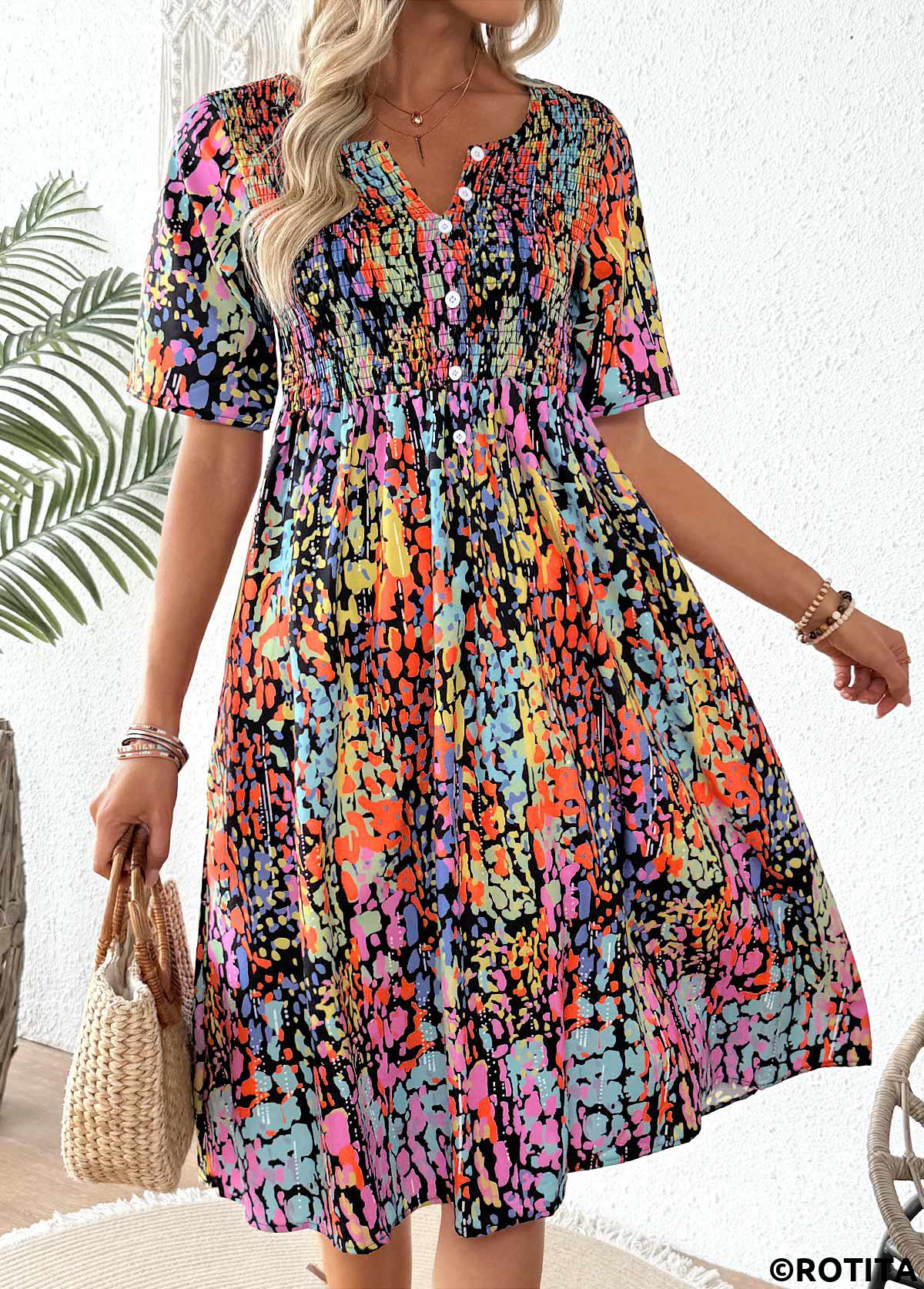 Multi Color dresses,Tribal dresses,Vacation dresses,Vacation dresses,ROTITA Smocked Tribal Print Multi Color Split Neck Dress