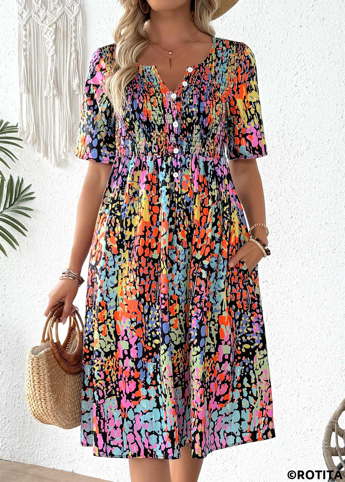 Multi Color dresses,Tribal dresses,Vacation dresses,Vacation dresses,ROTITA Smocked Tribal Print Multi Color Split Neck Dress