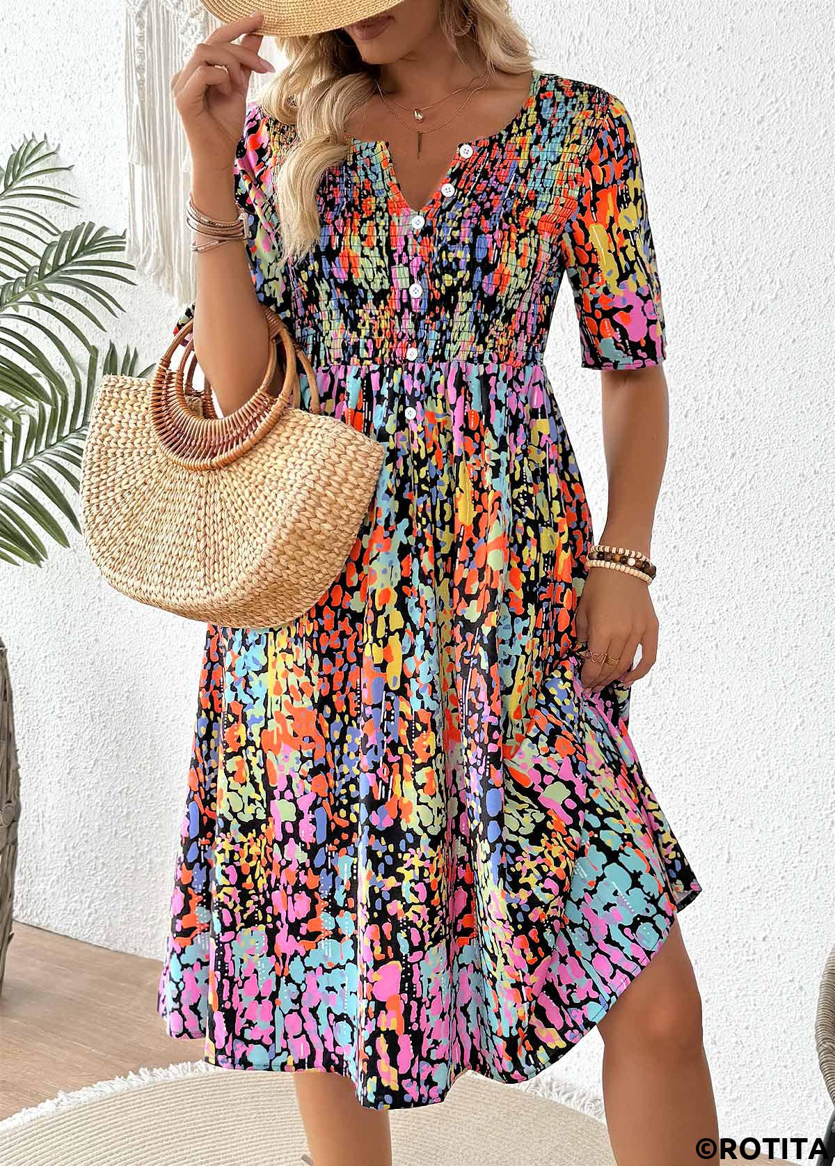 Multi Color dresses,Tribal dresses,Vacation dresses,Vacation dresses,ROTITA Smocked Tribal Print Multi Color Split Neck Dress