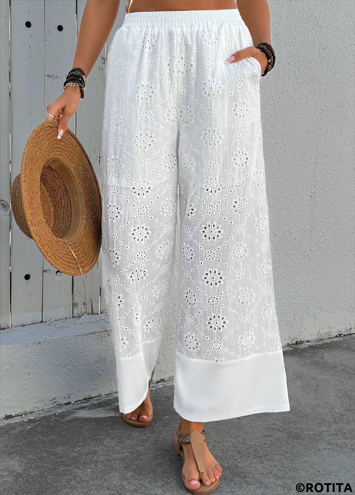 White bottoms,Plain Color bottoms,Soft White Wide Leg Elastic Waist High Waisted Pants