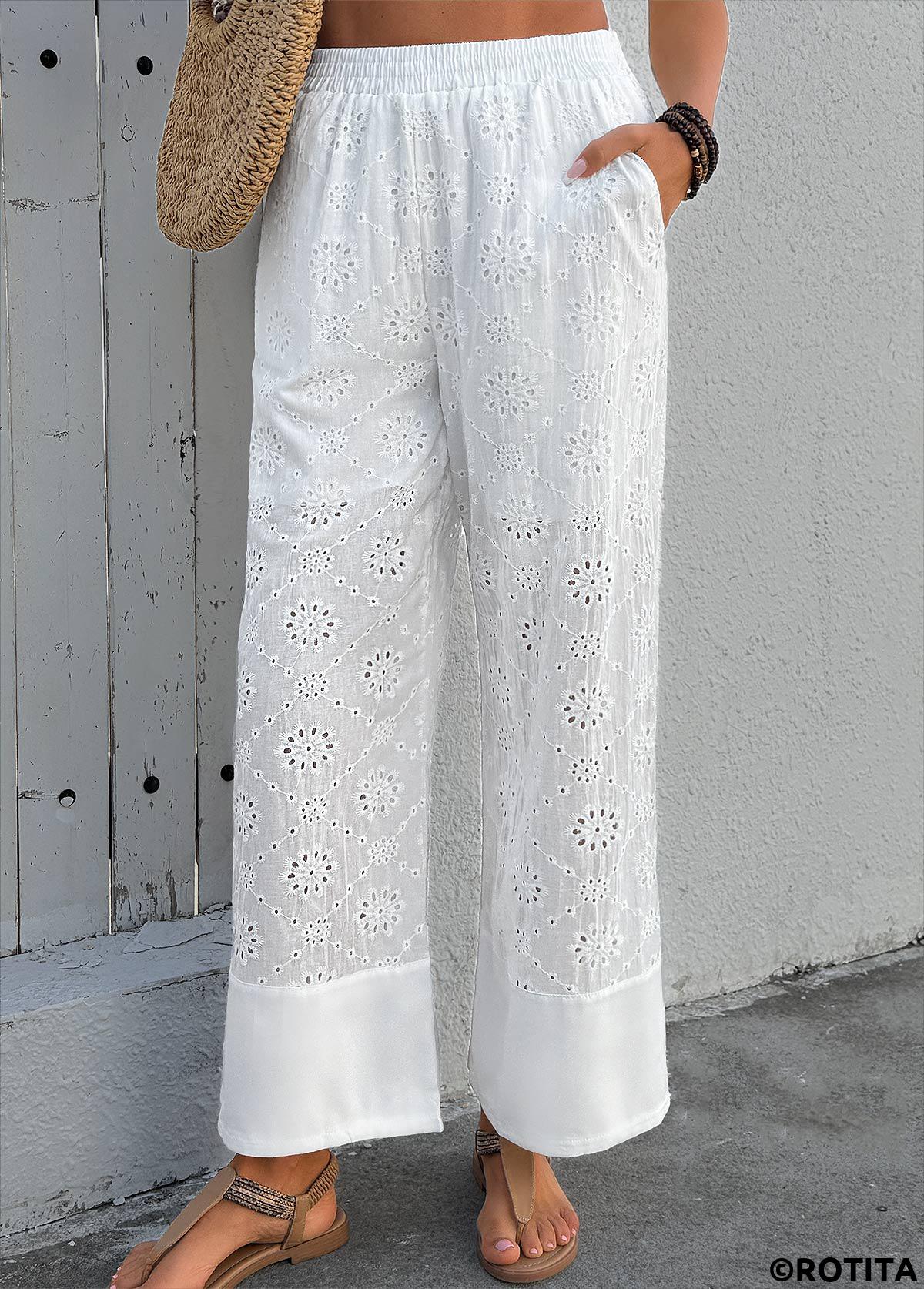 White bottoms,Plain Color bottoms,Soft White Wide Leg Elastic Waist High Waisted Pants