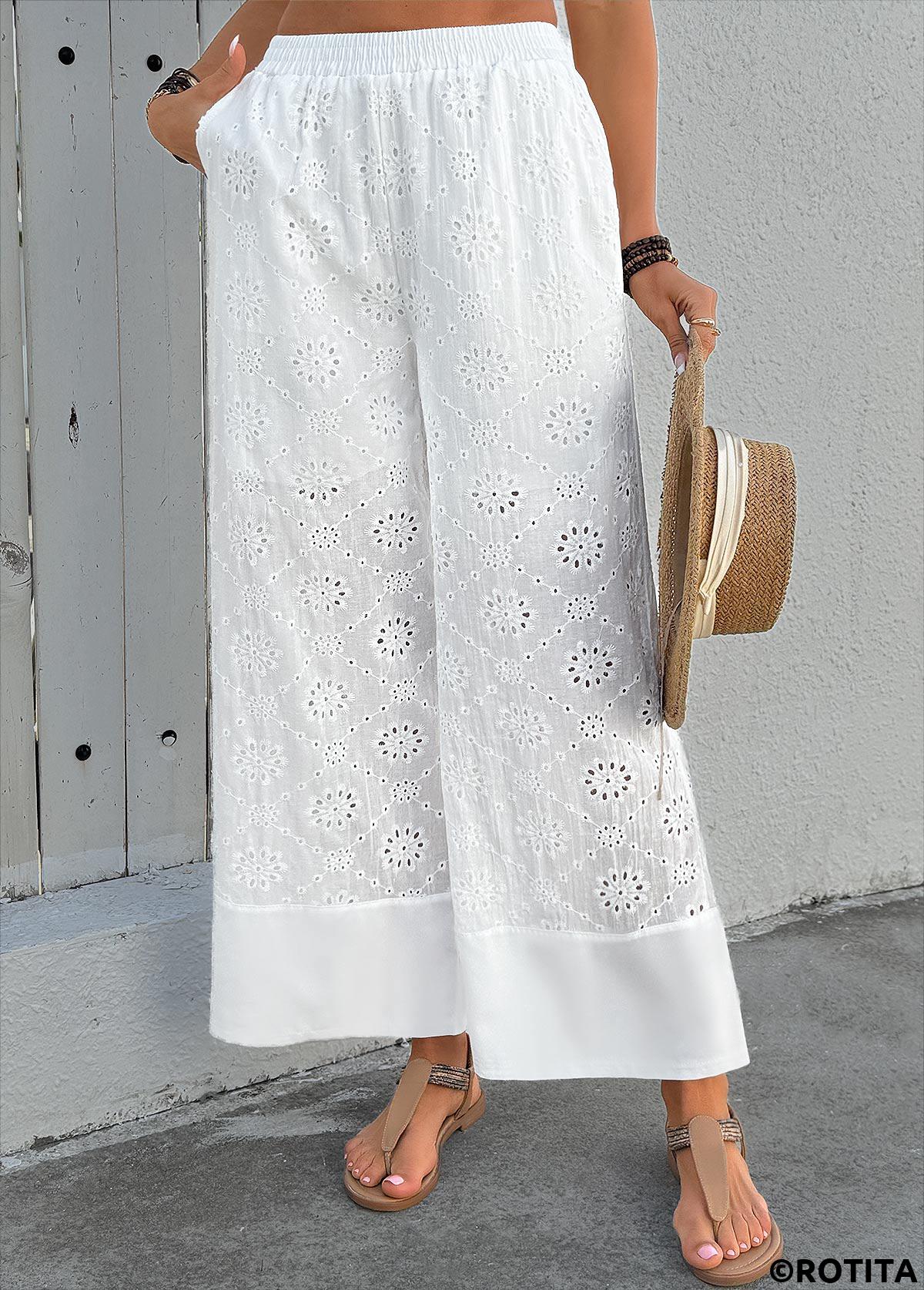 White bottoms,Plain Color bottoms,Soft White Wide Leg Elastic Waist High Waisted Pants