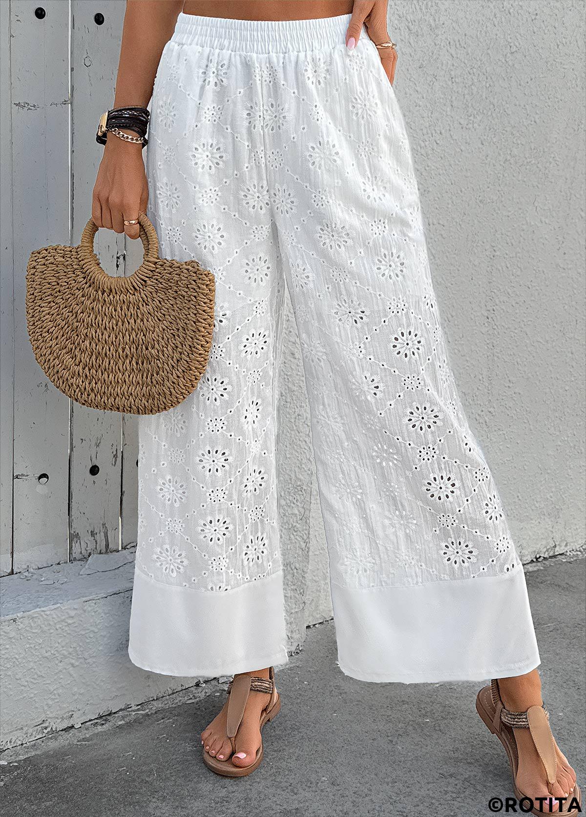 White bottoms,Plain Color bottoms,Soft White Wide Leg Elastic Waist High Waisted Pants