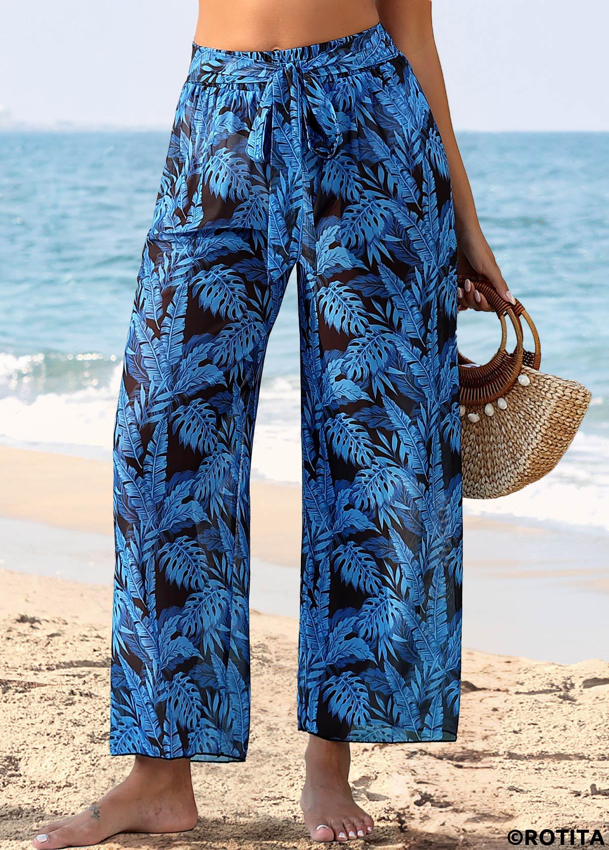 Dark Blue swimwear,Plants swimwear,Dark Blue Tie Leaf Print Pants