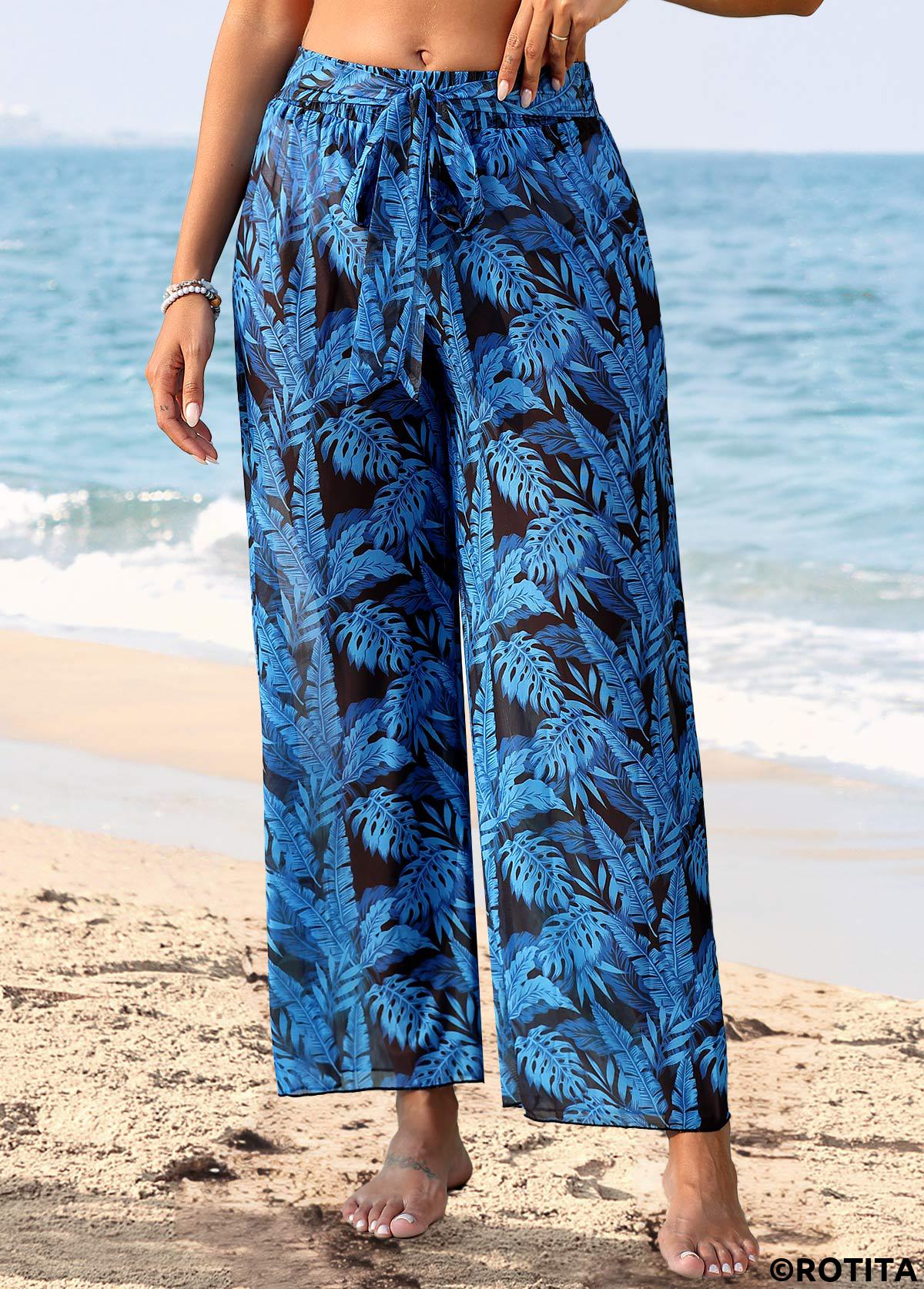 Dark Blue swimwear,Plants swimwear,Dark Blue Tie Leaf Print Pants