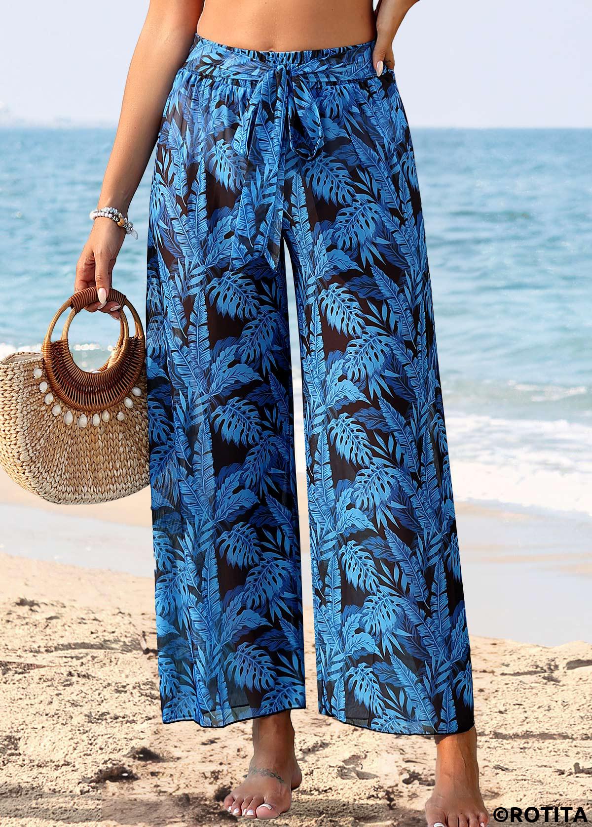 Dark Blue swimwear,Plants swimwear,Dark Blue Tie Leaf Print Pants