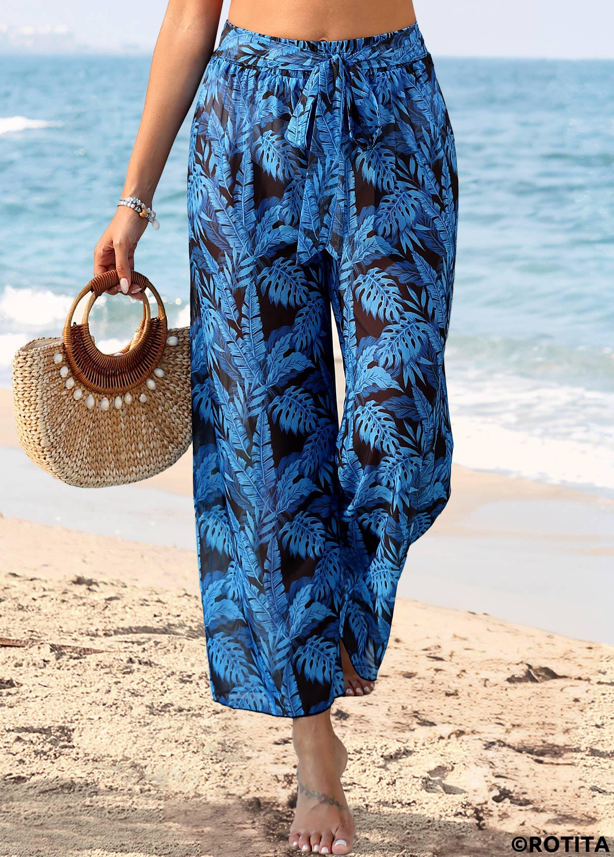 Dark Blue swimwear,Plants swimwear,Dark Blue Tie Leaf Print Pants