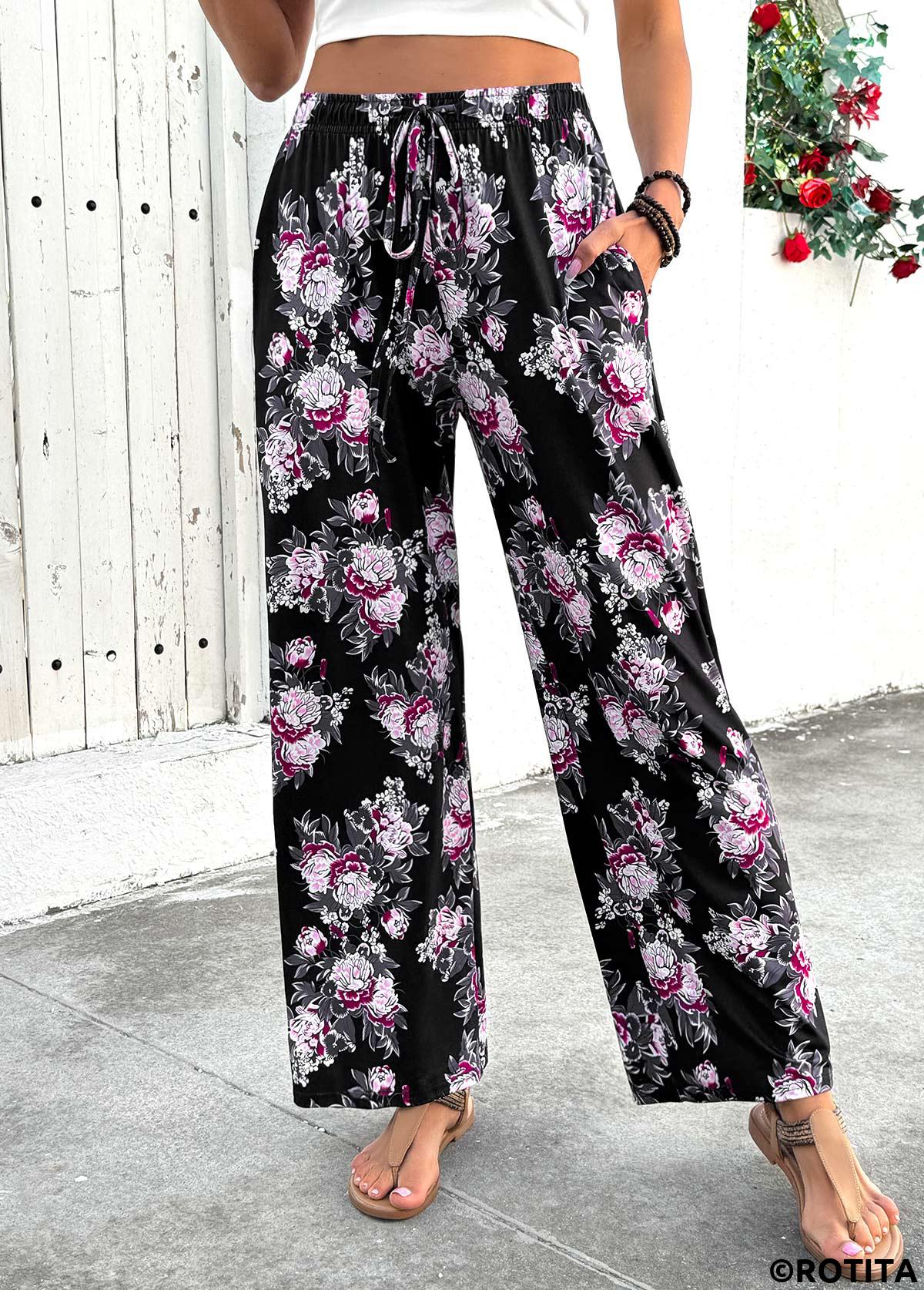 Black bottoms,Floral bottoms,Plants bottoms,Floral Print Black Wide Leg Elastic Waist Pants