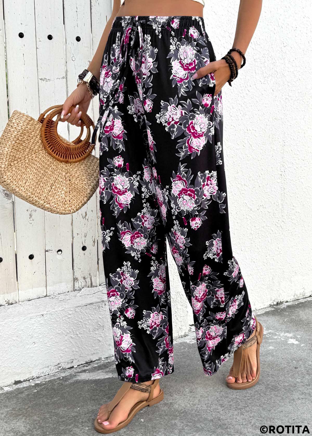 Black bottoms,Floral bottoms,Plants bottoms,Floral Print Black Wide Leg Elastic Waist Pants