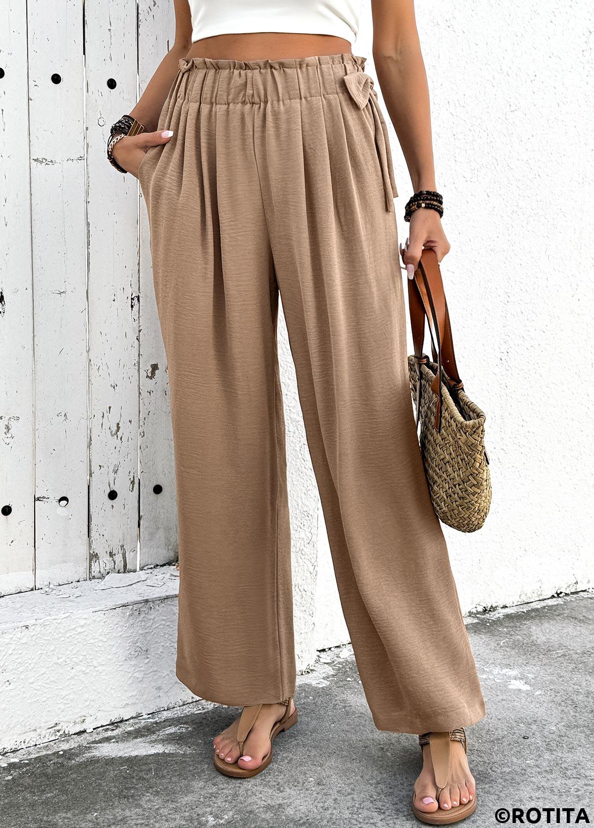 Light Camel bottoms,Plain Color bottoms,Soft Light Camel Wide Leg Elastic Waist Pants