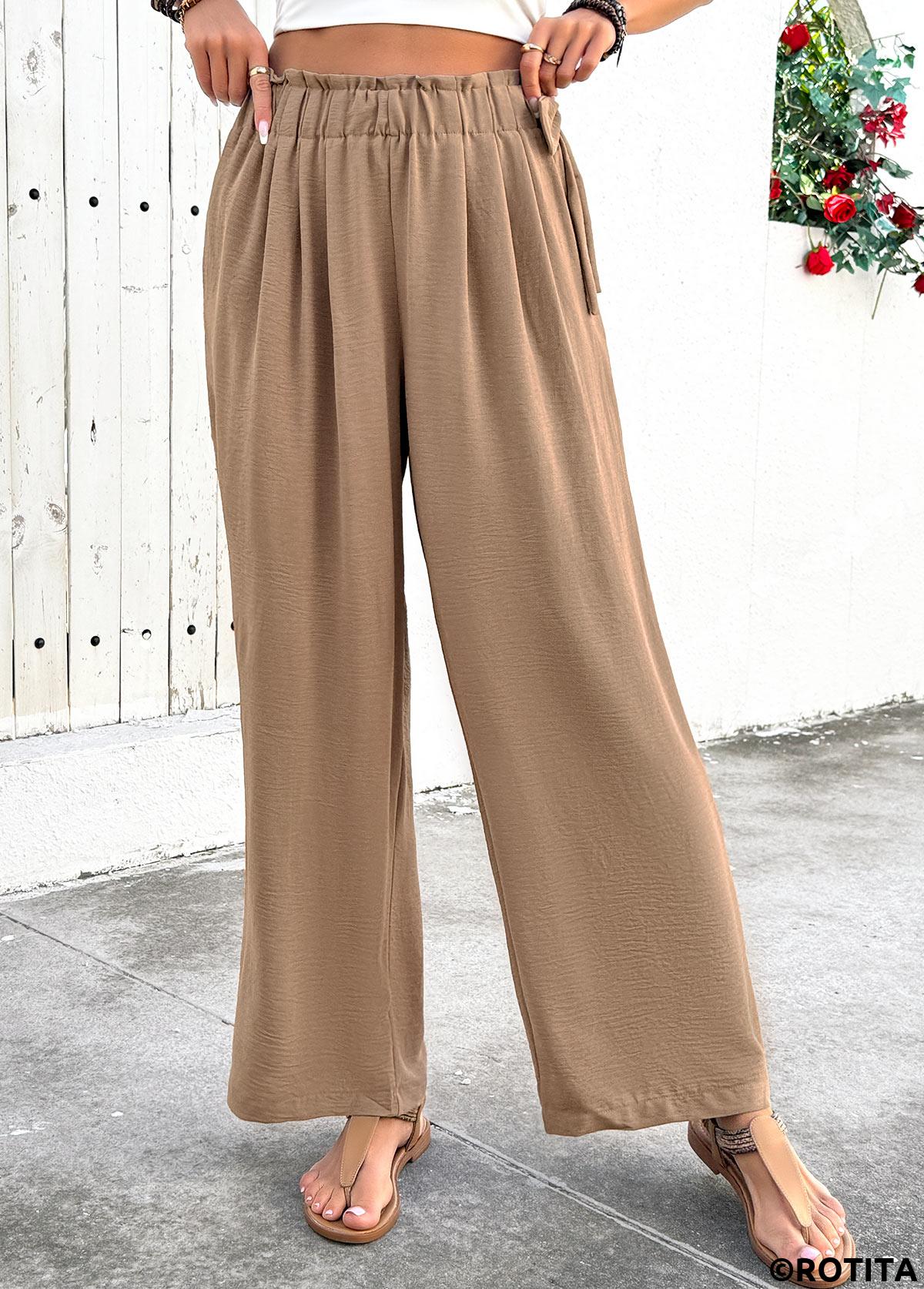 Light Camel bottoms,Plain Color bottoms,Soft Light Camel Wide Leg Elastic Waist Pants