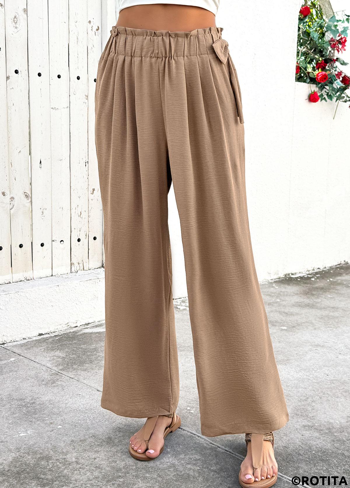 Light Camel bottoms,Plain Color bottoms,Soft Light Camel Wide Leg Elastic Waist Pants