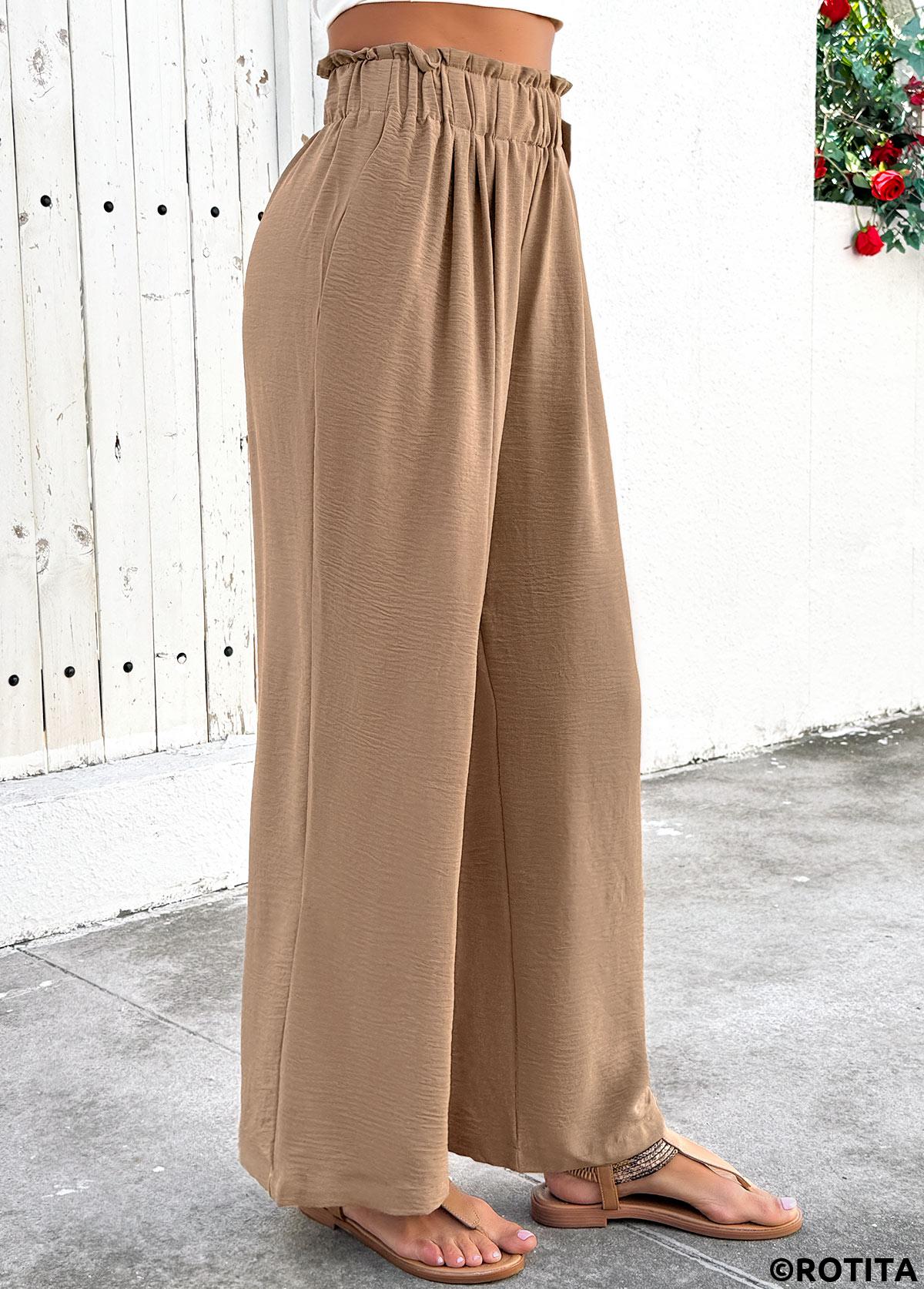 Light Camel bottoms,Plain Color bottoms,Soft Light Camel Wide Leg Elastic Waist Pants