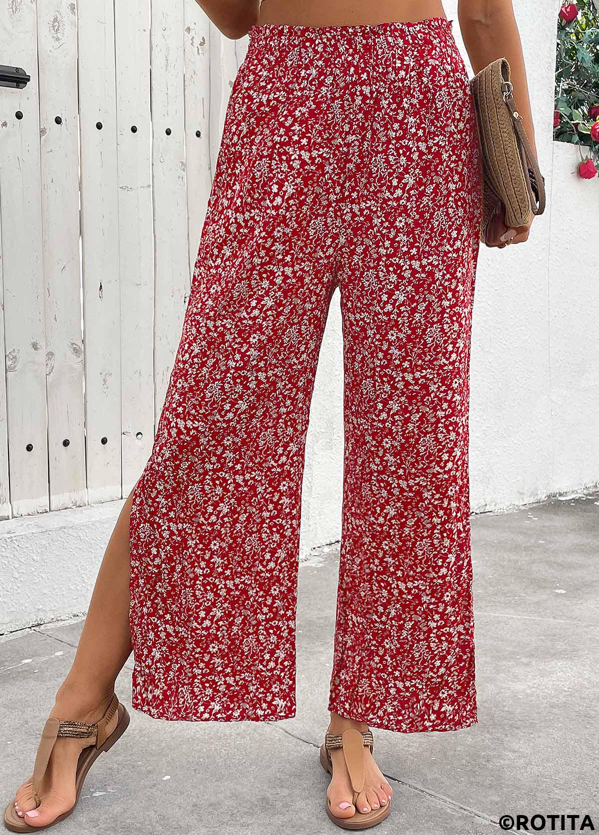Wine Red bottoms,Ditsy Floral bottoms,Flowy Ditsy Floral Print Wine Red Wide Leg Pants