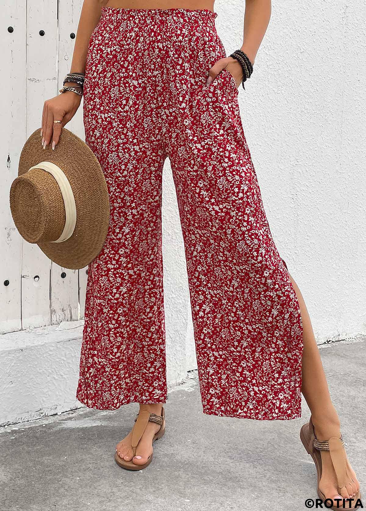 Wine Red bottoms,Ditsy Floral bottoms,Flowy Ditsy Floral Print Wine Red Wide Leg Pants