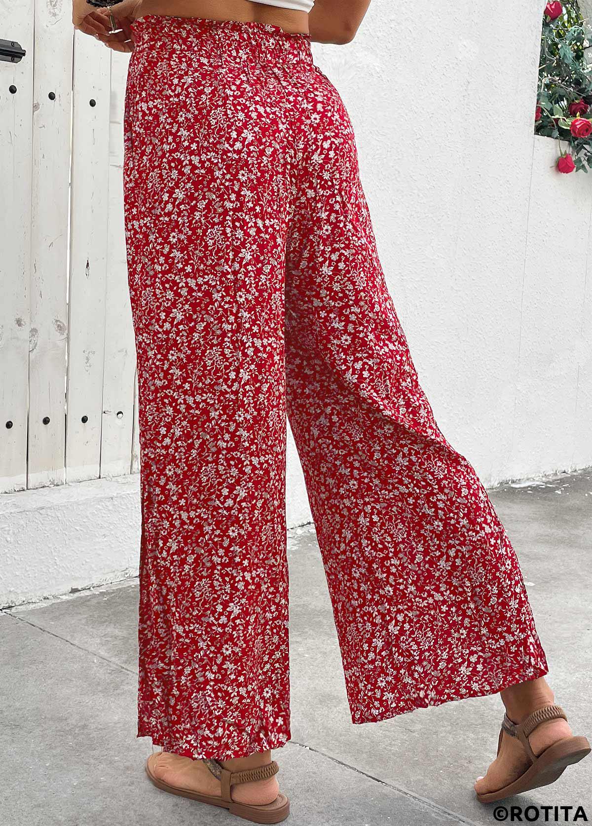Wine Red bottoms,Ditsy Floral bottoms,Flowy Ditsy Floral Print Wine Red Wide Leg Pants