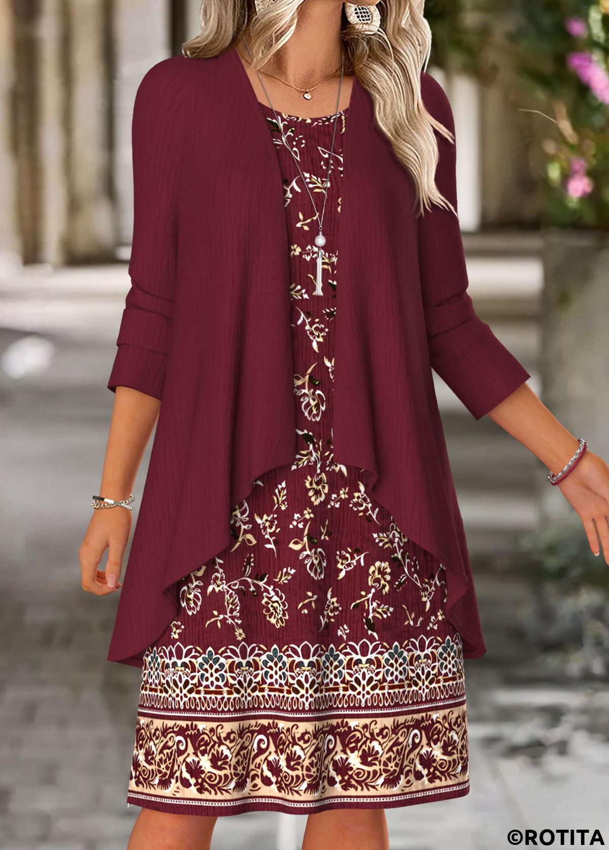 Wine Red dresses,Floral dresses,Plants dresses,Everyday dresses,Casual dresses,ROTITA Tummy Coverage Floral Print Wine Red Dress and Cardigan
