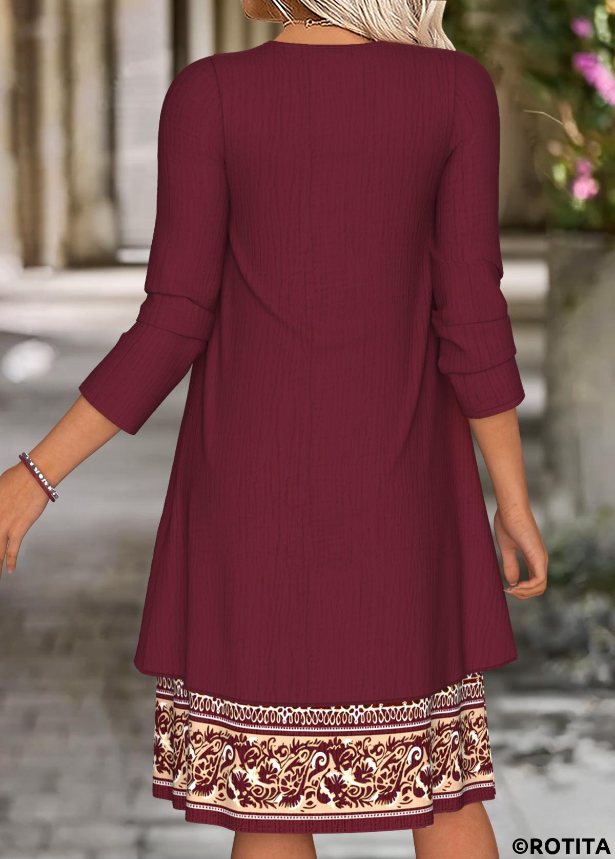 Wine Red dresses,Floral dresses,Plants dresses,Everyday dresses,Casual dresses,ROTITA Tummy Coverage Floral Print Wine Red Dress and Cardigan