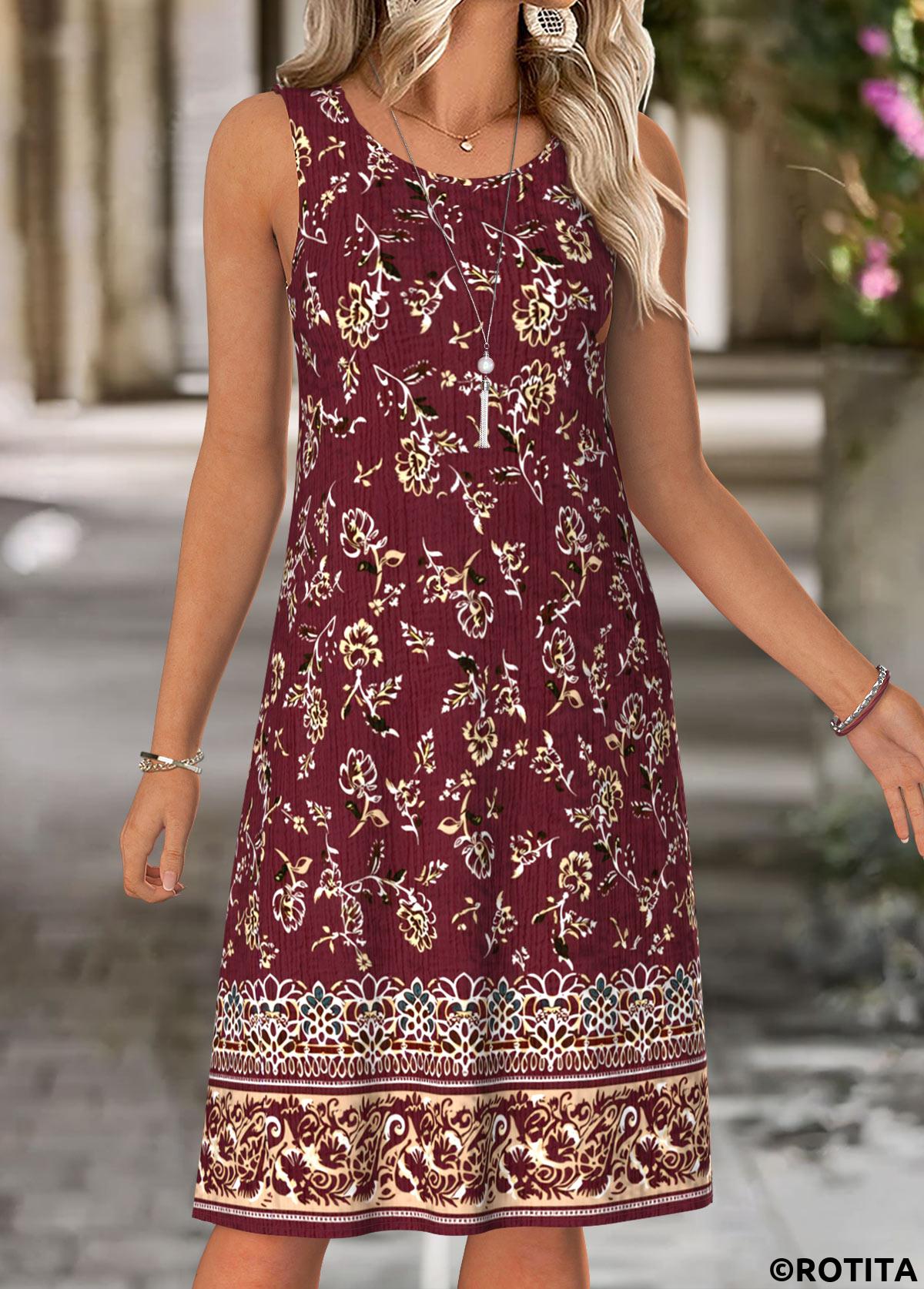 Wine Red dresses,Floral dresses,Plants dresses,Everyday dresses,Casual dresses,ROTITA Tummy Coverage Floral Print Wine Red Dress and Cardigan