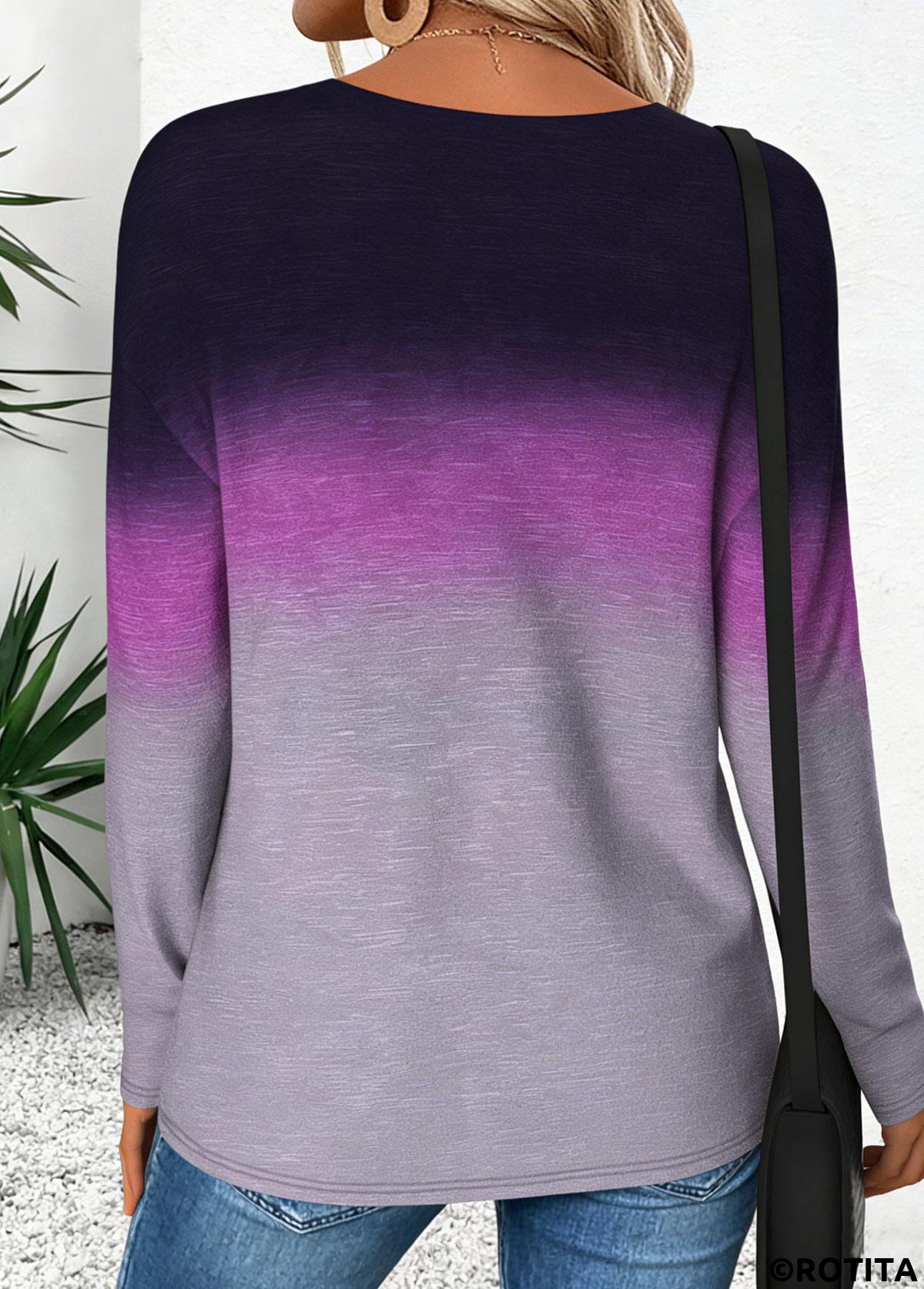 Purple tops,Ombre tops,ROTITA Curved Hem Ombre Purple Round Neck T Shirt