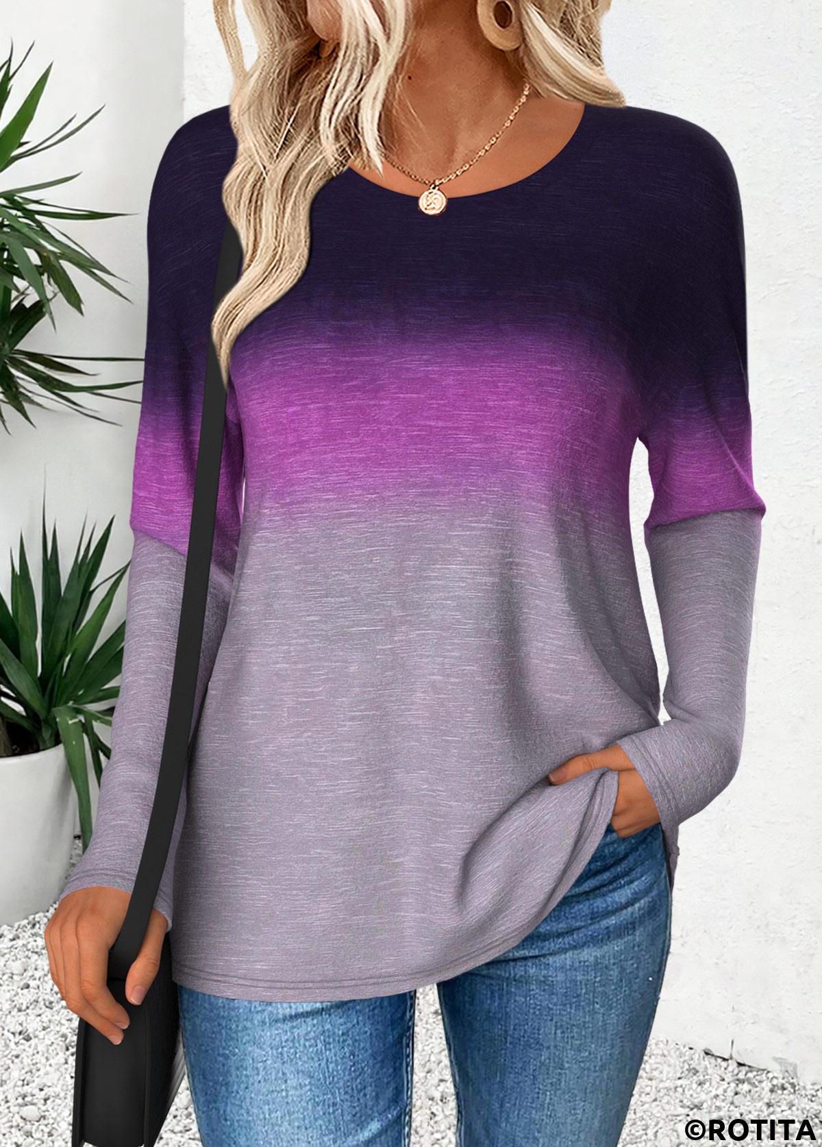 Purple tops,Ombre tops,ROTITA Curved Hem Ombre Purple Round Neck T Shirt