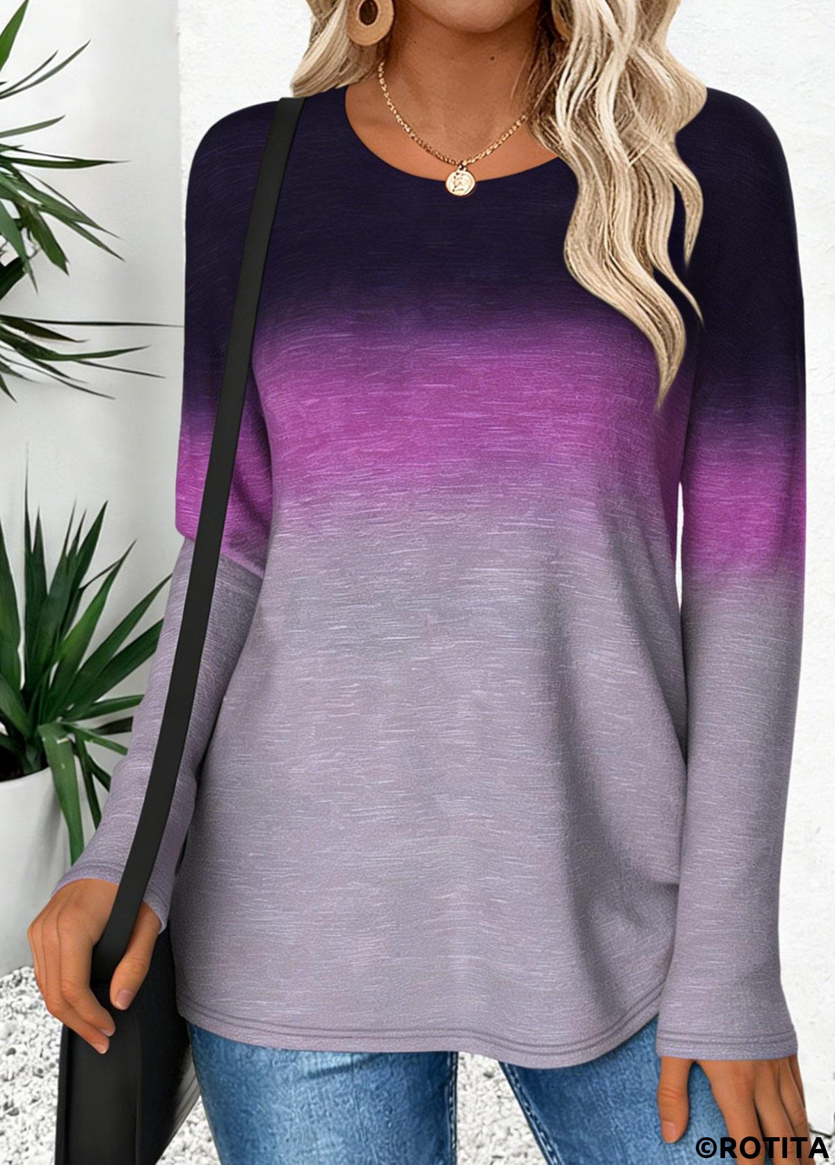 Purple tops,Ombre tops,ROTITA Curved Hem Ombre Purple Round Neck T Shirt
