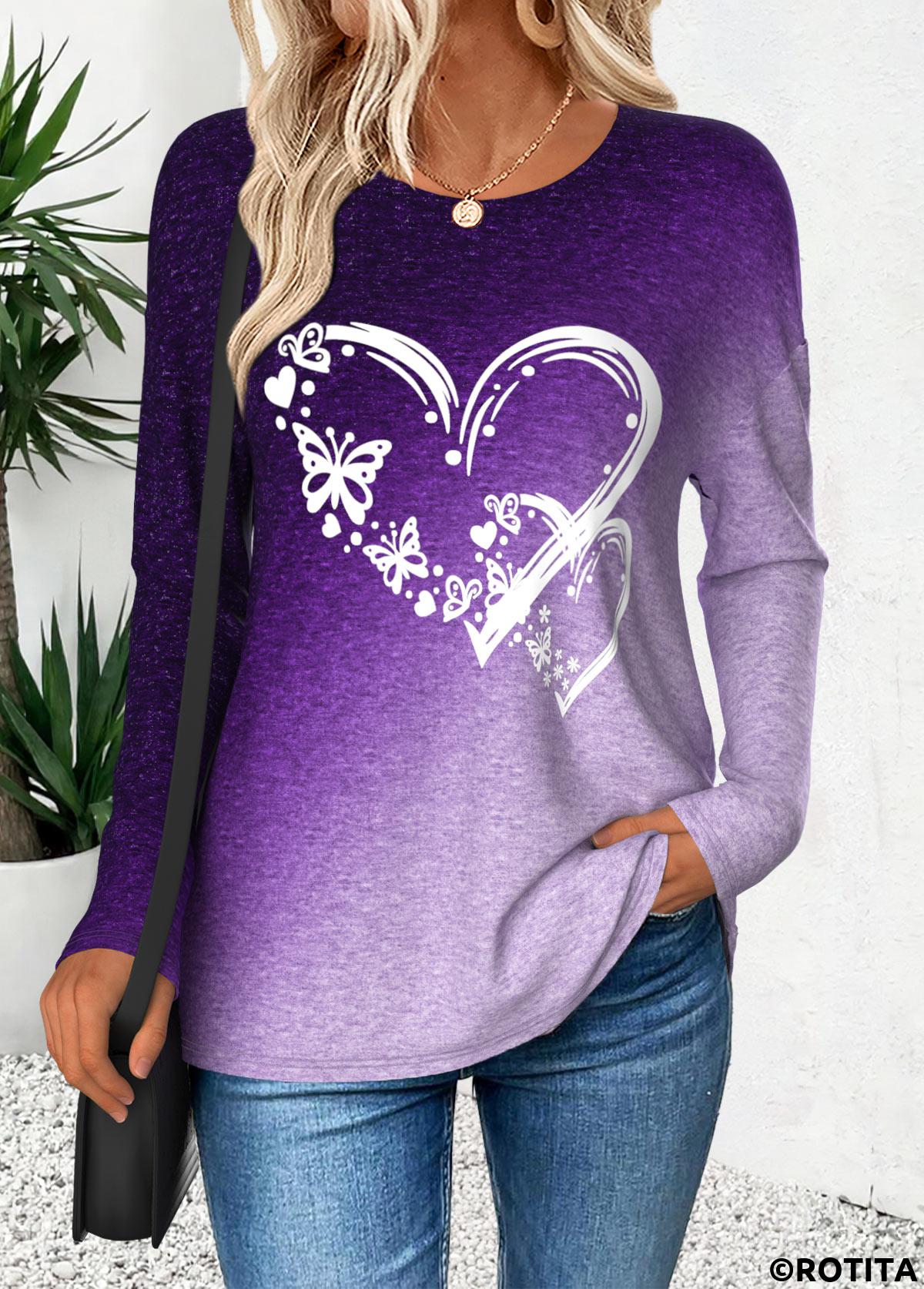 Purple tops,Ombre tops,ROTITA Curved Hem Ombre Purple Round Neck T Shirt