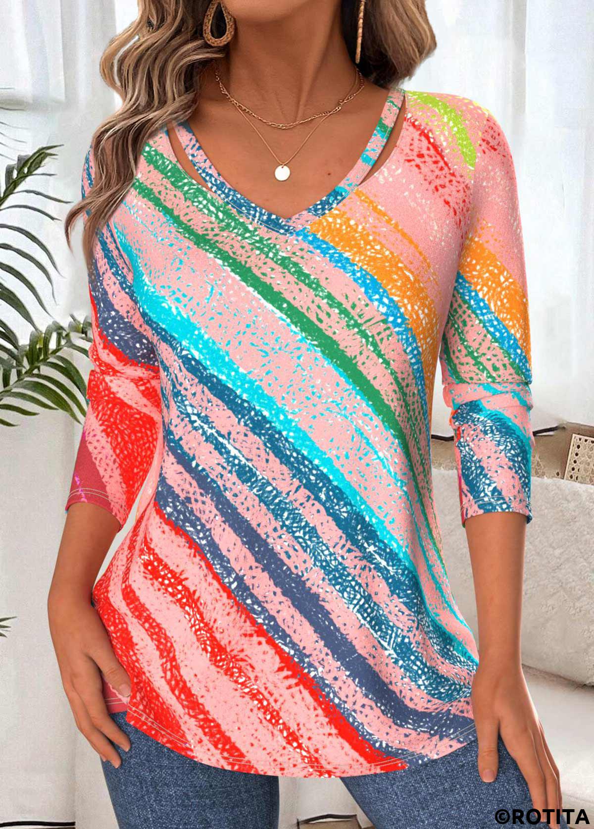 Multi Color tops,Geometric tops,ROTITA Tummy Coverage Geometric Print Multi Color T Shirt