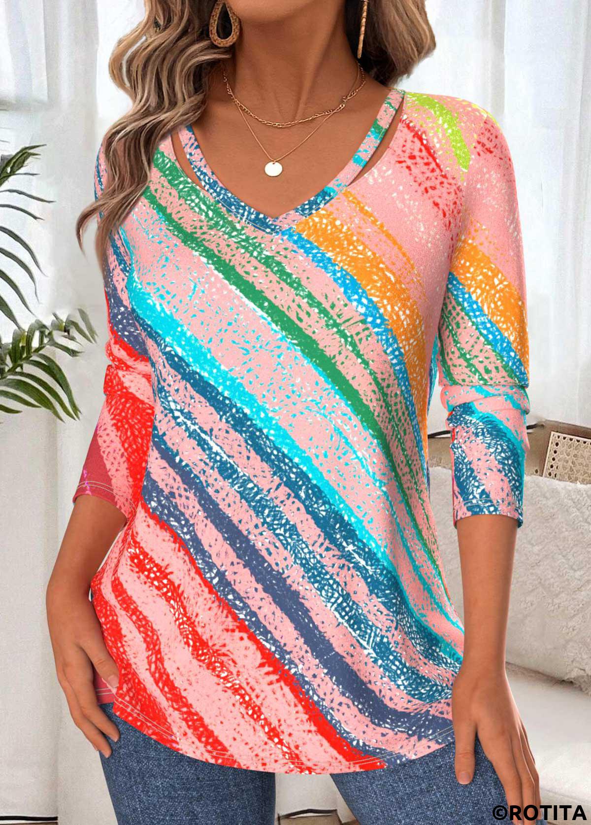 Multi Color tops,Geometric tops,ROTITA Tummy Coverage Geometric Print Multi Color T Shirt