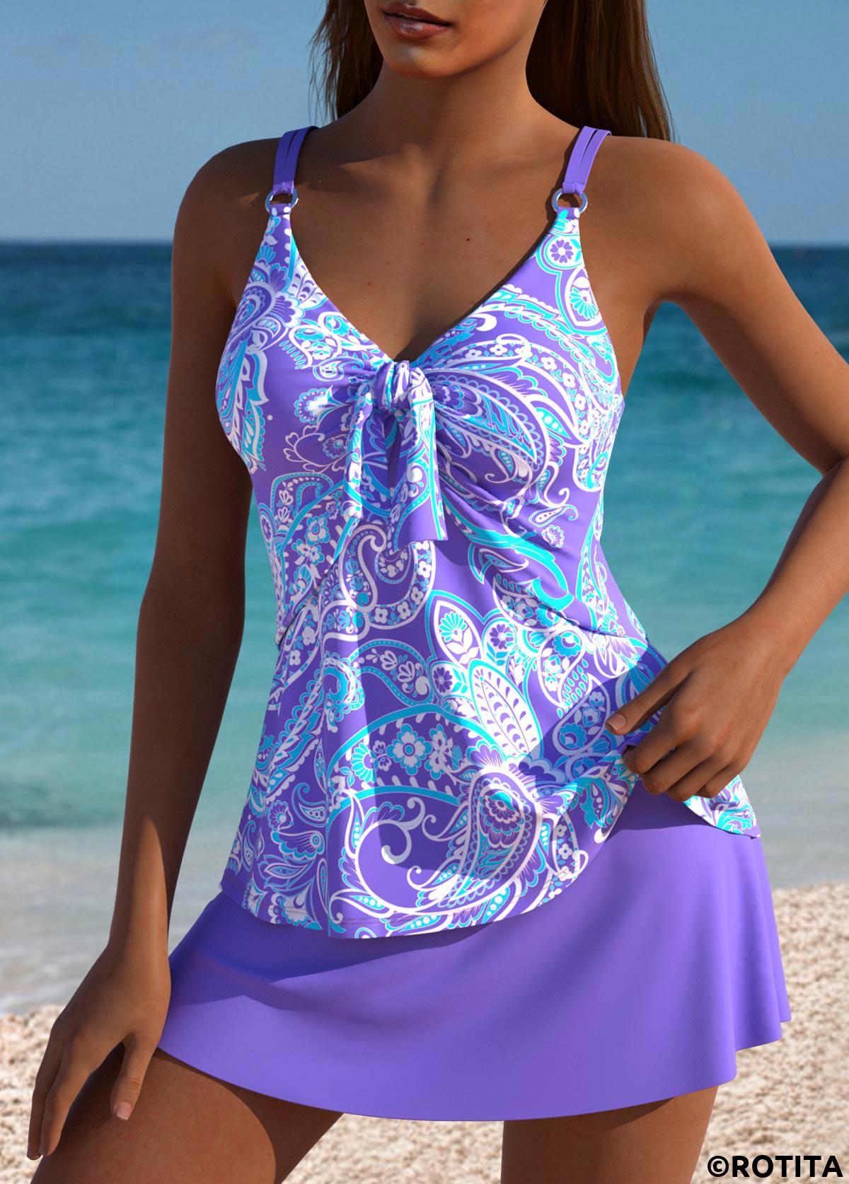 Purple swimwear,Paisley swimwear,ROTITA Tummy Coverage Purple Paisley Print Mid Waisted Tankini Set